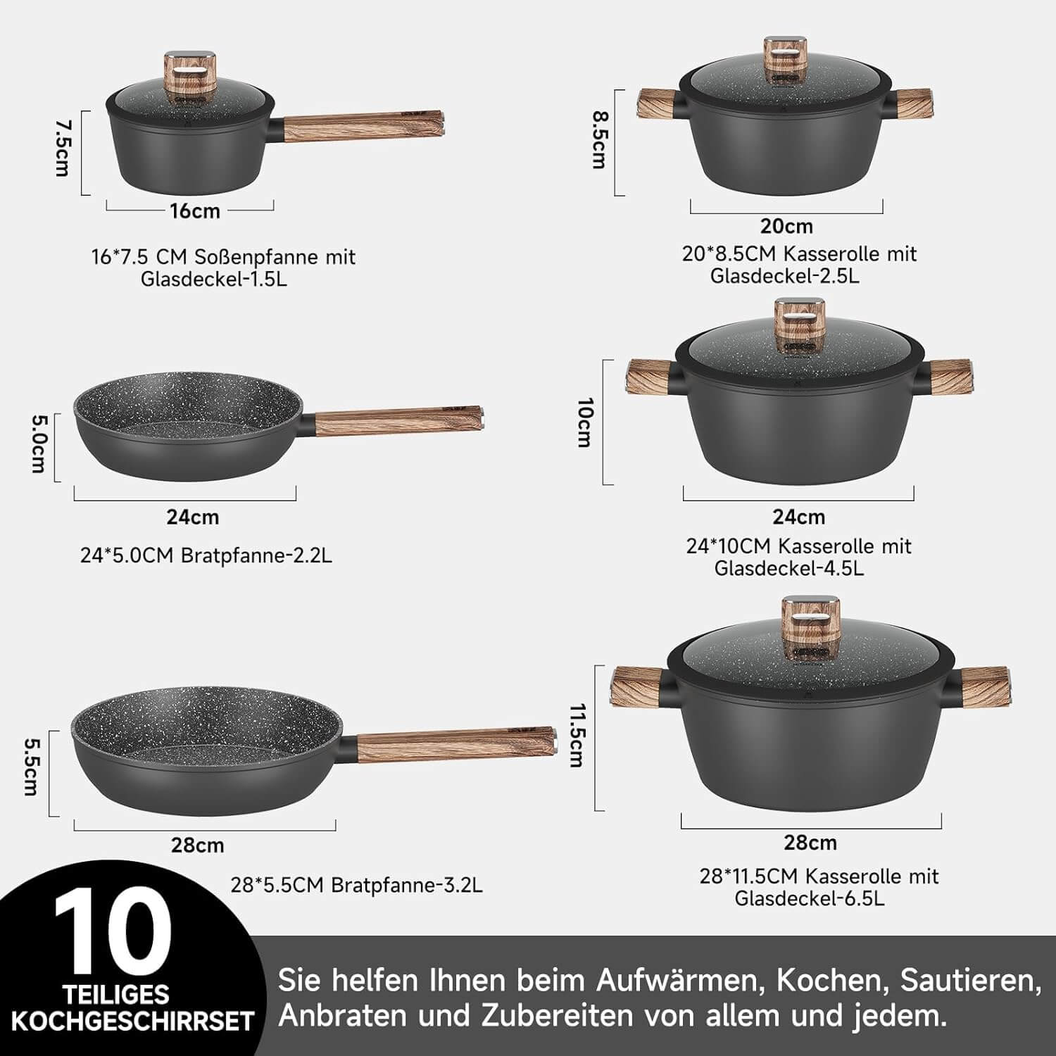10-teiliges Topfset Induktion Antihaft, hitzebeständig, aus Aluminium mit Glasdeckeln ideal für alle Herdarten - Image 2