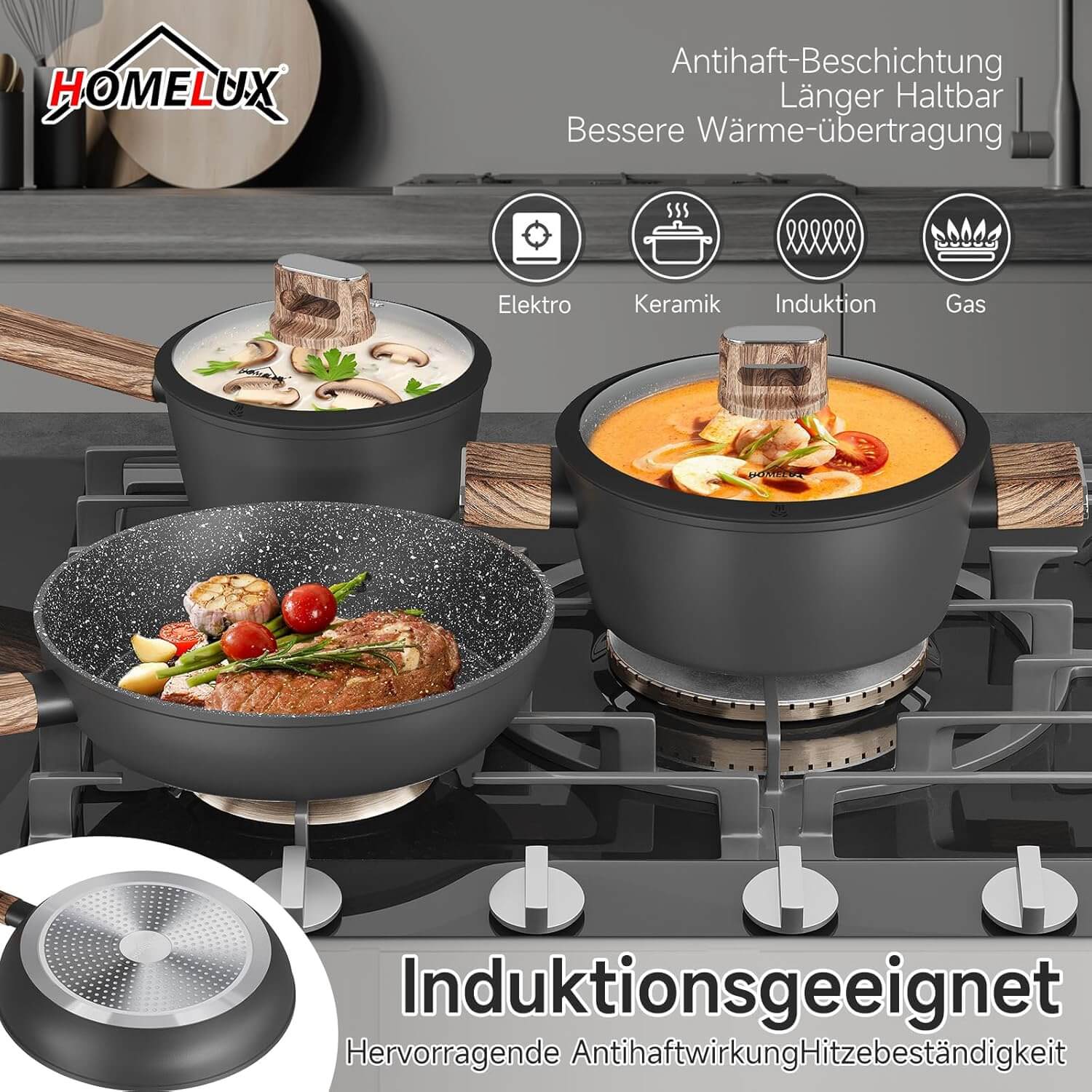 10-teiliges Topfset Induktion Antihaft, hitzebeständig, aus Aluminium mit Glasdeckeln ideal für alle Herdarten - Image 4
