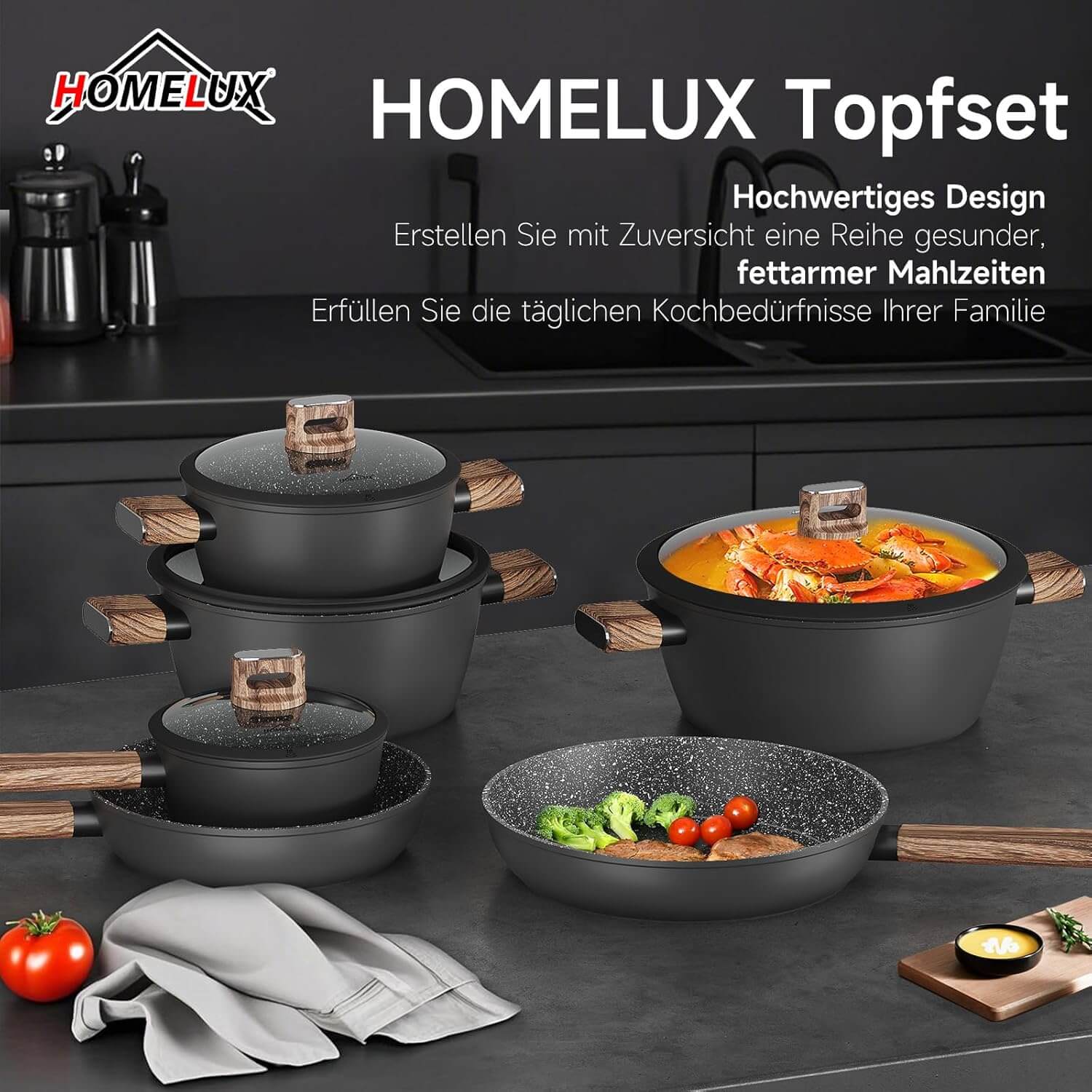 10-teiliges Topfset Induktion Antihaft, hitzebeständig, aus Aluminium mit Glasdeckeln ideal für alle Herdarten - Image 5