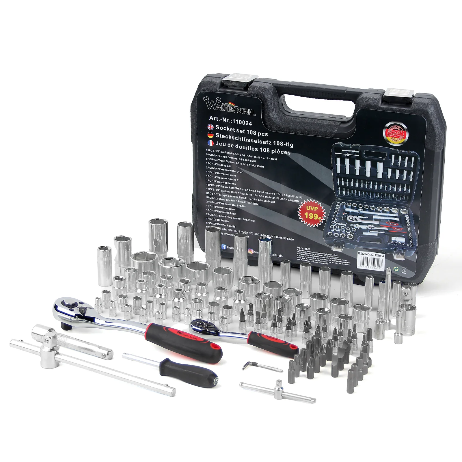 108-teiliges Steckschlüssel-Set mit 1/2 und 1/4 Zoll Knarren, E-Torx, Tief- und Flachnüssen im stabilen Koffer - Image 2