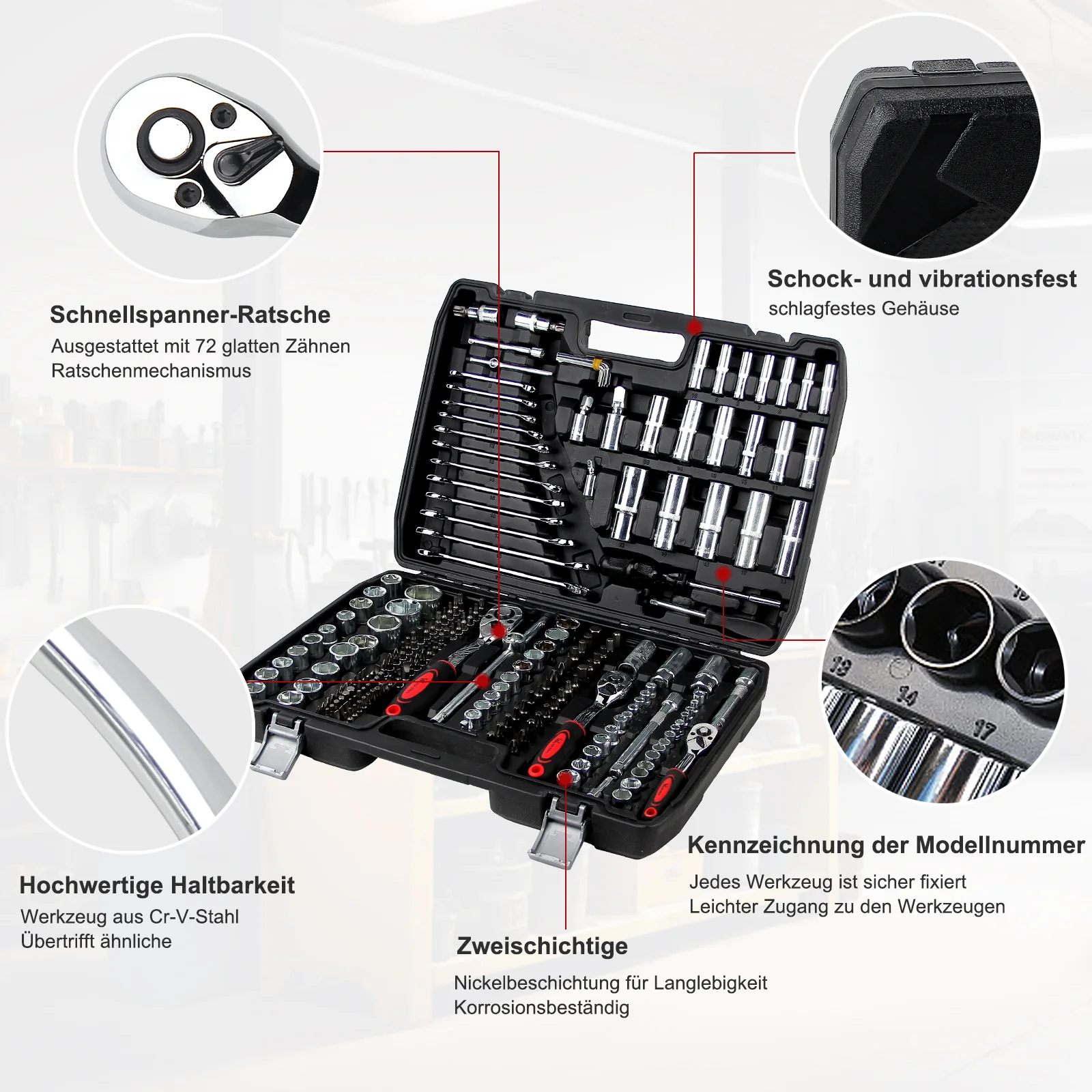 108-teiliges Steckschlüssel-Set mit 1/2 und 1/4 Zoll Knarren, E-Torx, Tief- und Flachnüssen im stabilen Koffer - Image 3