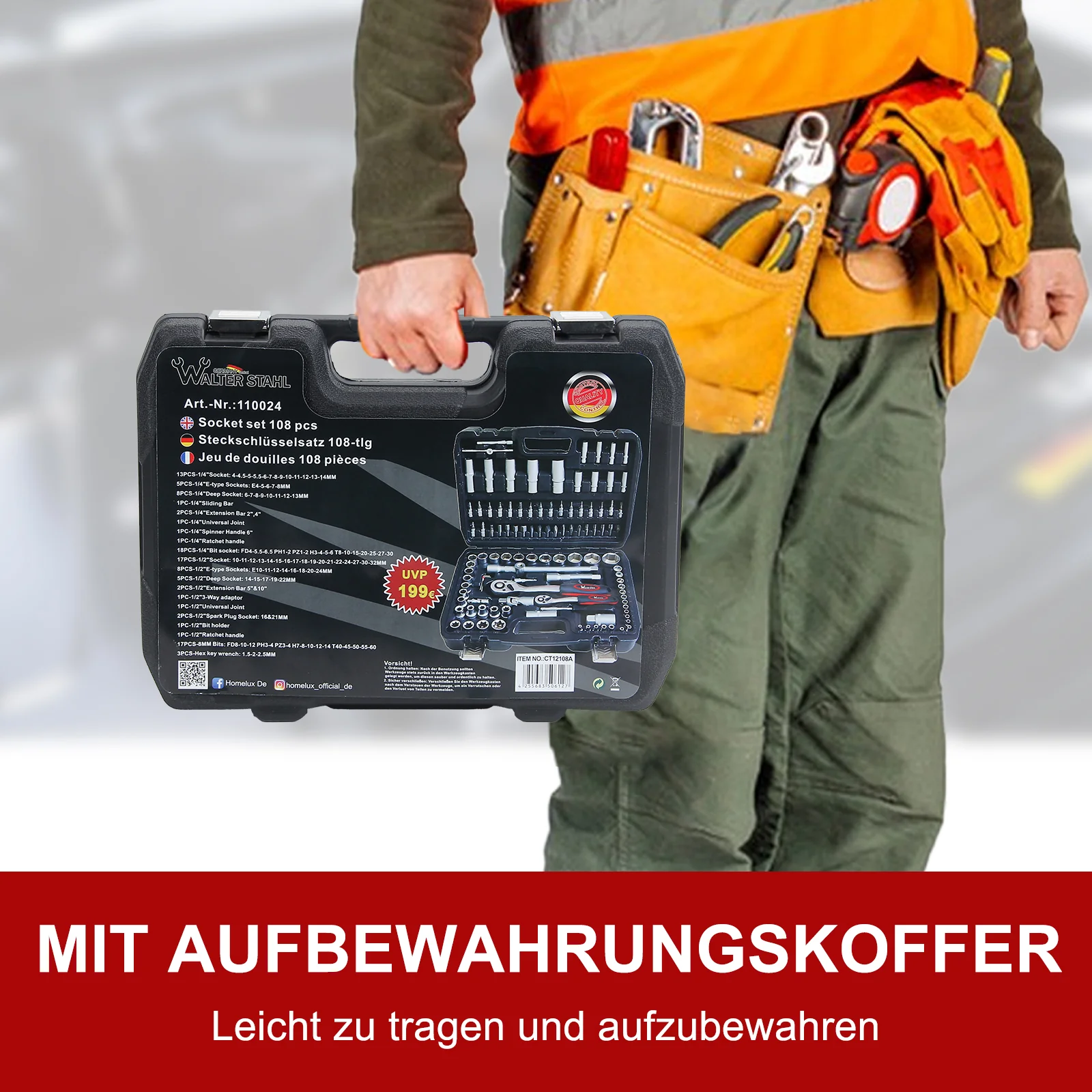108-teiliges Steckschlüssel-Set mit 1/2 und 1/4 Zoll Knarren, E-Torx, Tief- und Flachnüssen im stabilen Koffer - Image 6