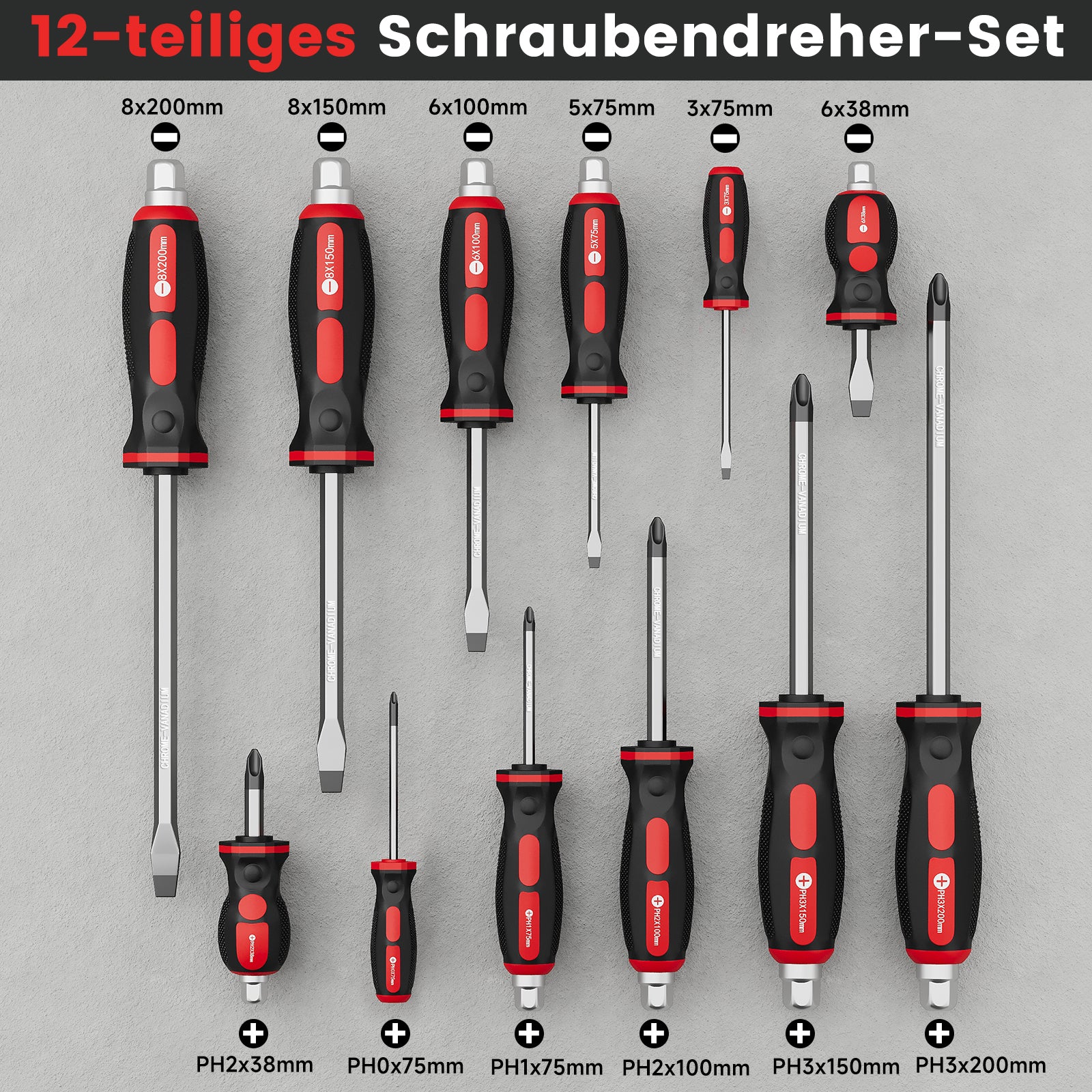 12-teiliges Profi-Schraubendreher-Set aus Chrom-Vanadium-Stahl mit Schlagkappe, Sechskantansatz und Transportkoffer - Image 7
