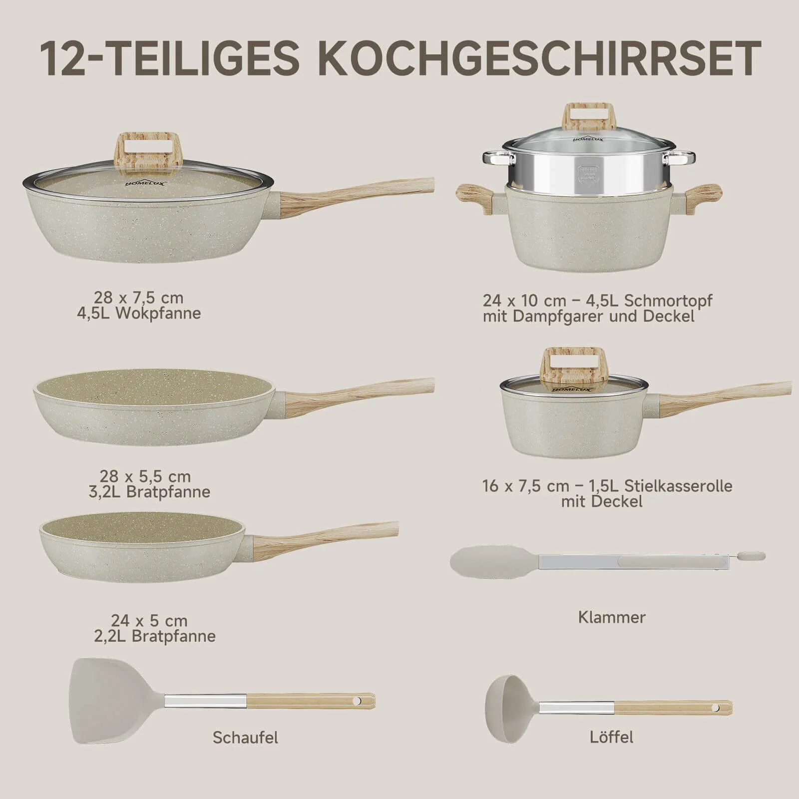 12-tlg Topf und Pfannen Set Topfset Induktion 12-teilige Kochtopf mit Glasdeckel Töpfe und Bratpfanne Set - Image 3