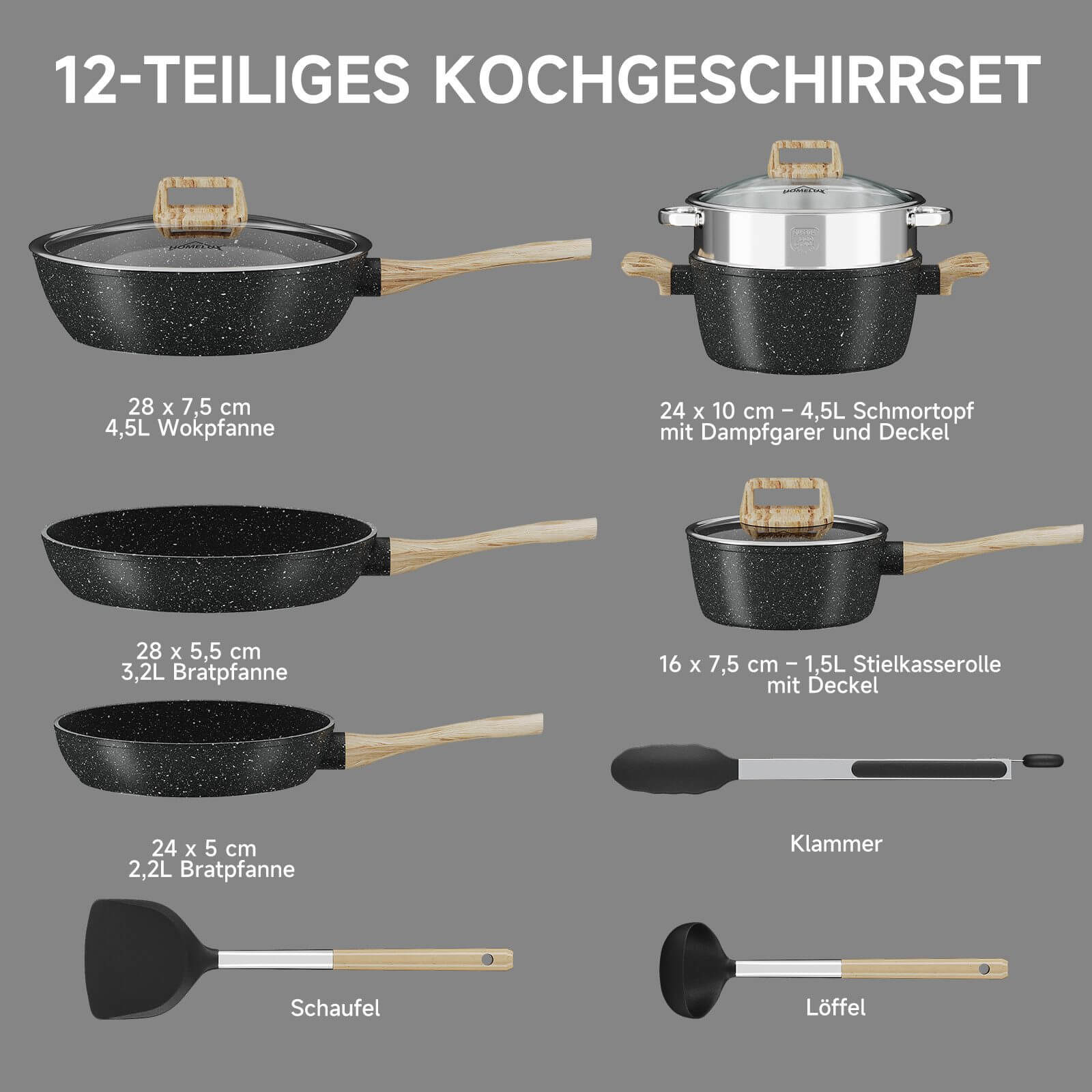 12-tlg Topf und Pfannen Set Topfset Induktion 12-teilige Kochtopf mit Glasdeckel Töpfe und Bratpfanne Set - Image 9