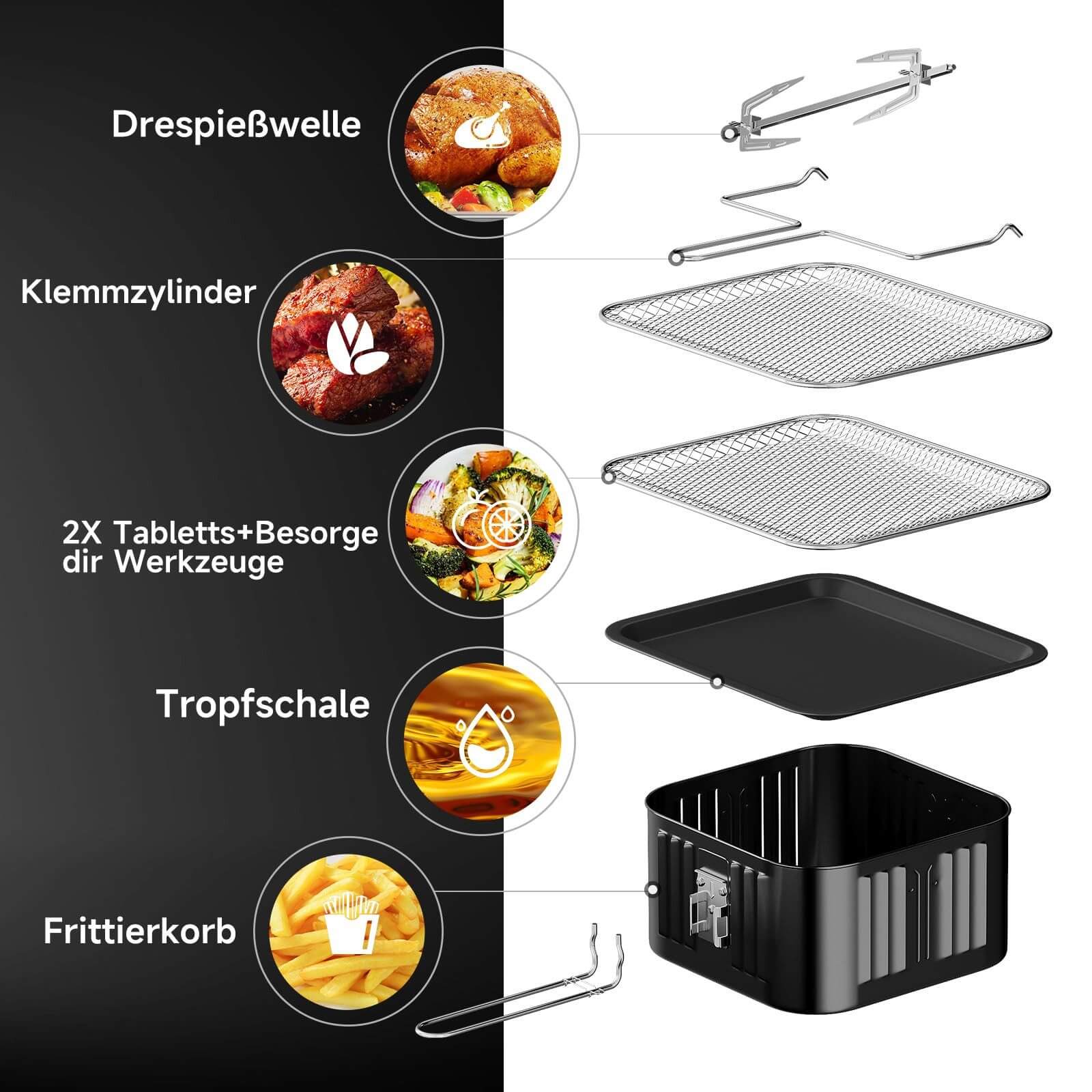 12L Heißluftfritteuse mit Drehfunktion, 12 Kochprogrammen und LED-Display Heißluft Ofen 1800W mit Drehspieß - Image 3