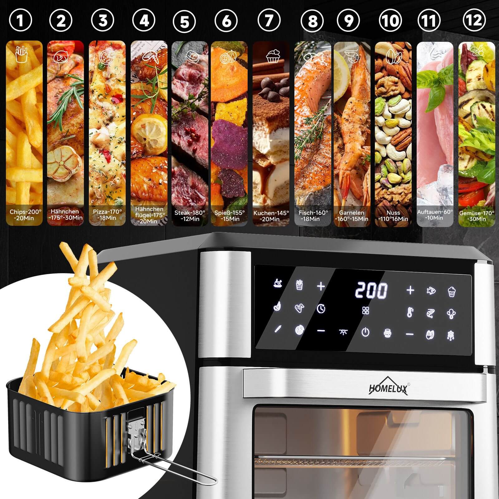 12L Heißluftfritteuse mit Drehfunktion, 12 Kochprogrammen und LED-Display Heißluft Ofen 1800W mit Drehspieß - Image 4