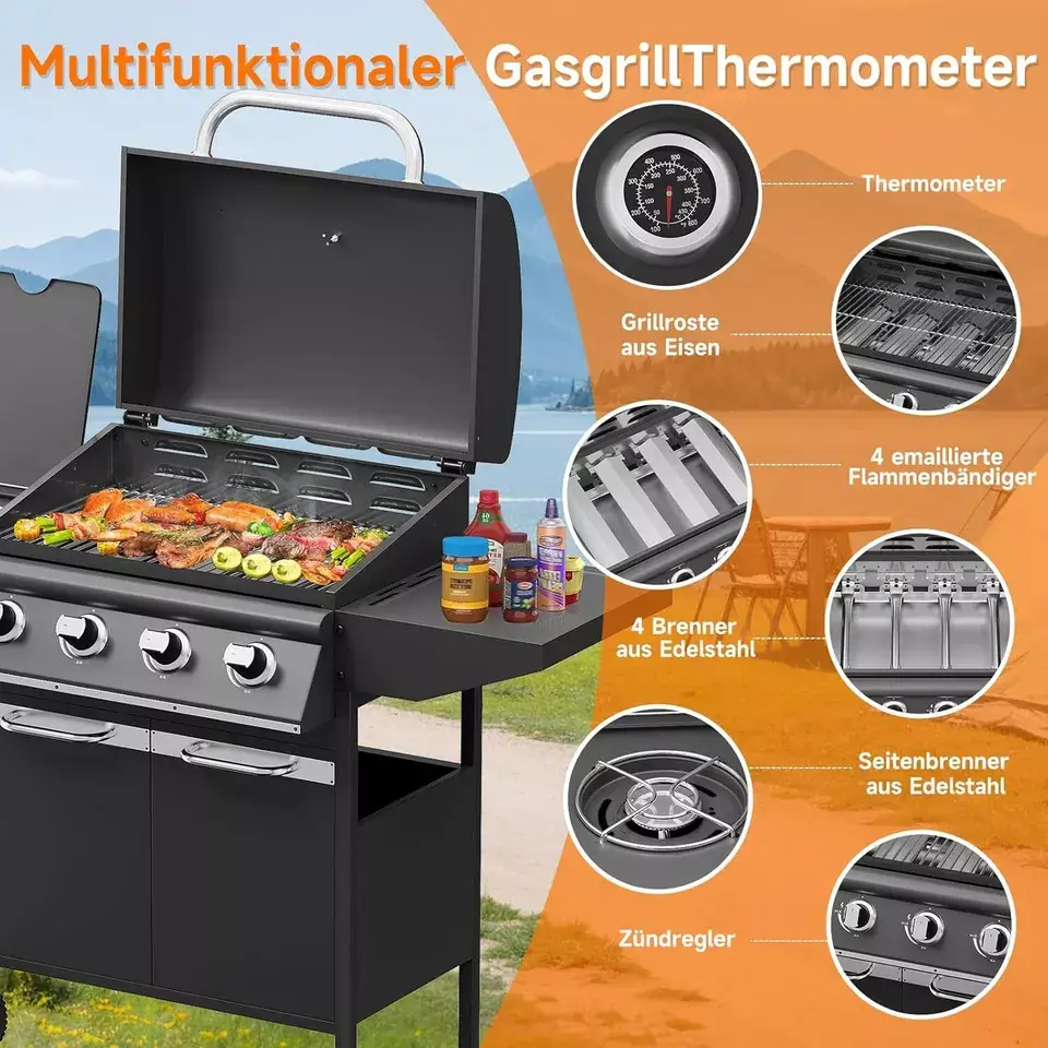 15kW Gasgrill BBQ Grillwagen mit 4+1 Brennern und Seitenkocher - Image 3