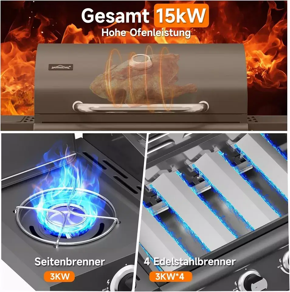 15kW Gasgrill BBQ Grillwagen mit 4+1 Brennern und Seitenkocher - Image 4