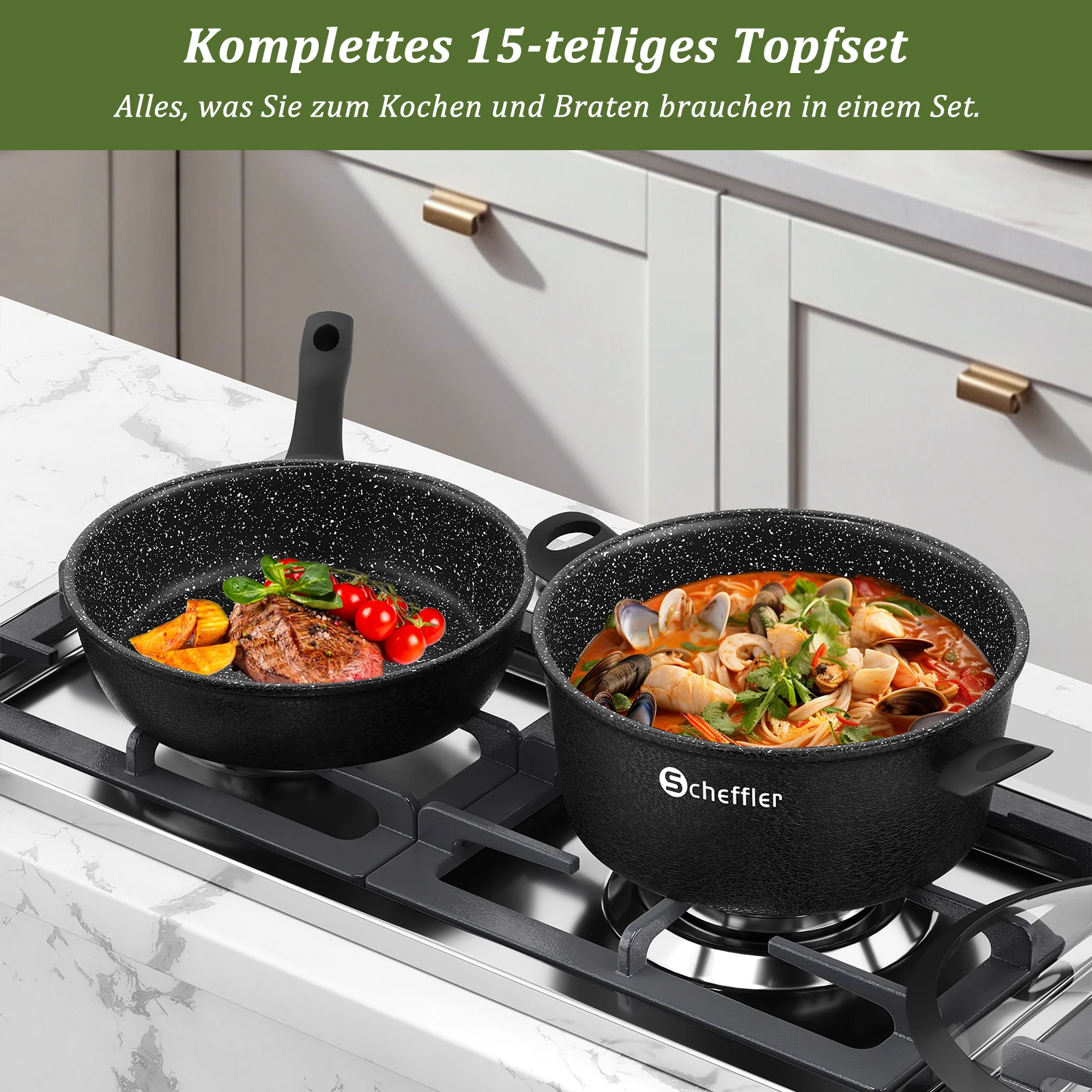 Scheffler 15-teiliges Topf- und Pfannenset mit Antihaftbeschichtung, induktionsgeeignet & Glasdeckeln - Image 3