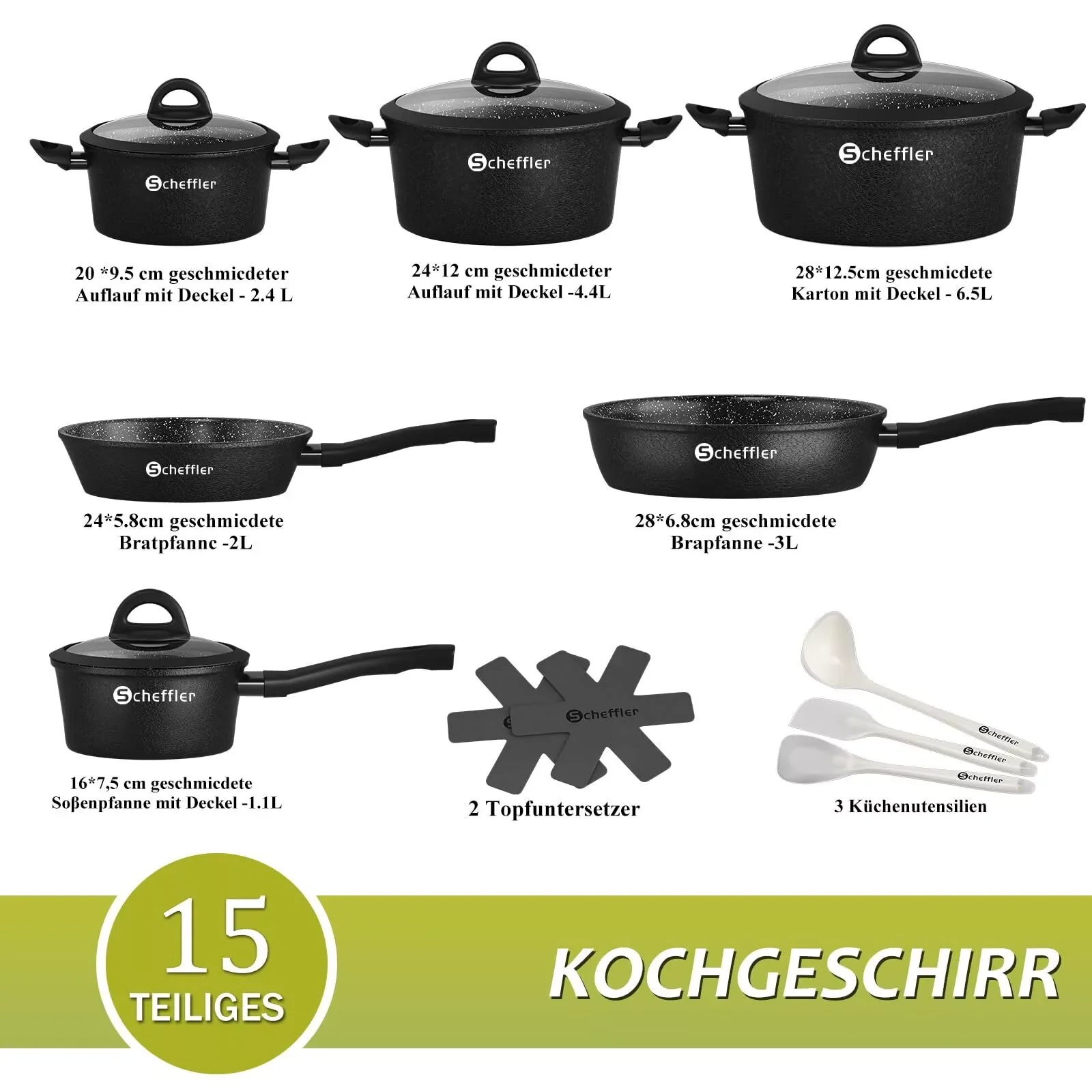 Scheffler 15-teiliges Topf- und Pfannenset mit Antihaftbeschichtung, induktionsgeeignet & Glasdeckeln - Image 5