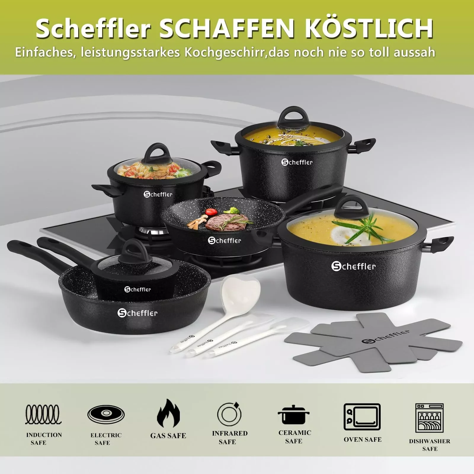 Scheffler 15-teiliges Topf- und Pfannenset mit Antihaftbeschichtung, induktionsgeeignet & Glasdeckeln - Image 9
