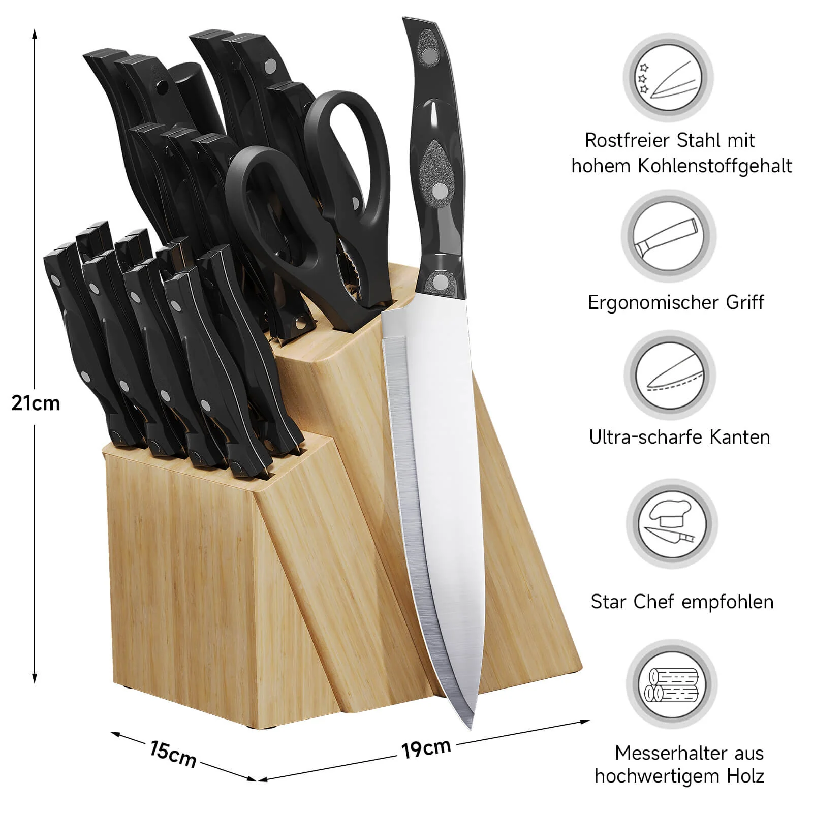 19-teiliges Profi Messerset mit Holzblock – Superscharf, ergonomisch, rostfrei – Küchenmesser, Schärfer, Schere, All-in-One Set - Image 2