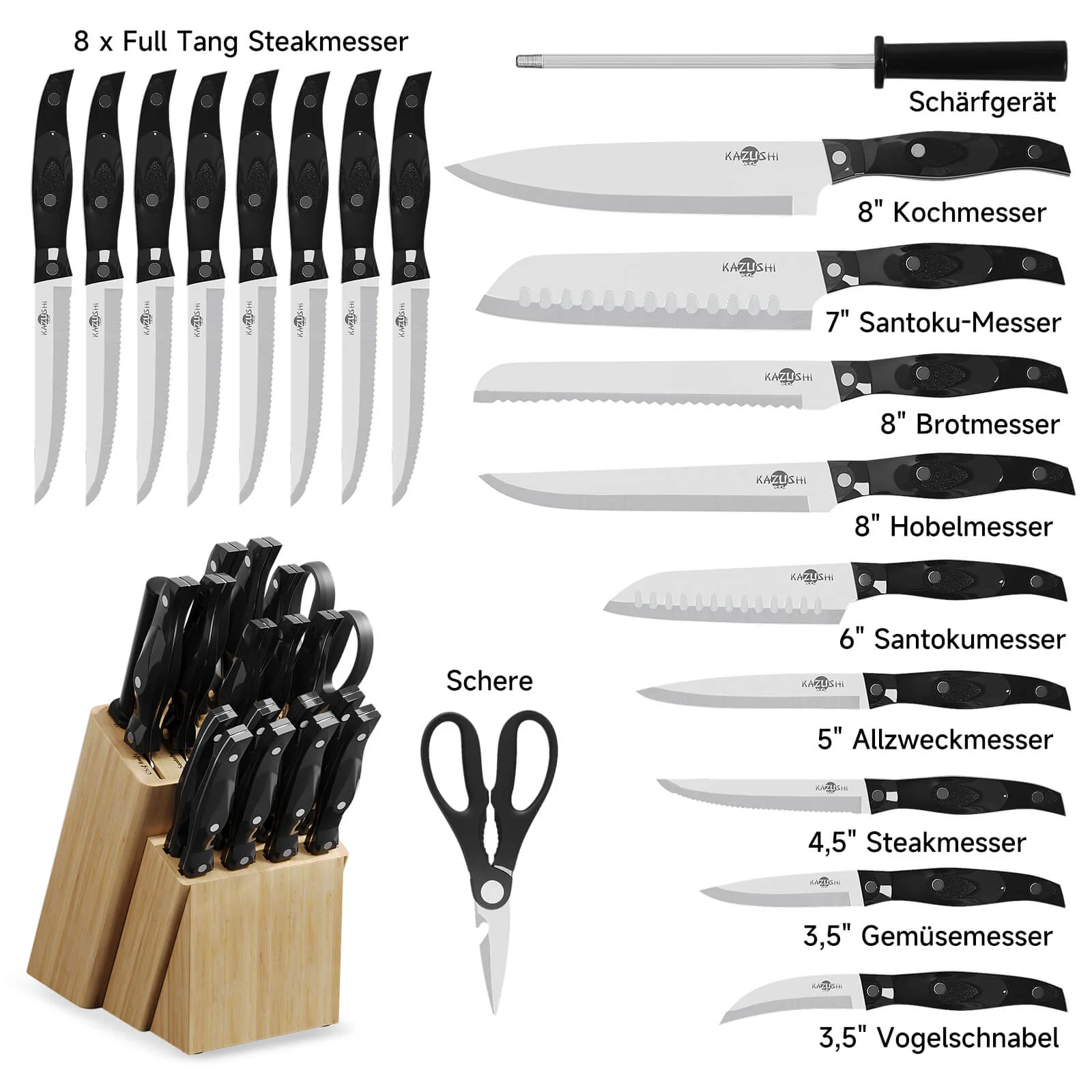 19-teiliges Profi Messerset mit Holzblock – Superscharf, ergonomisch, rostfrei – Küchenmesser, Schärfer, Schere, All-in-One Set - Image 3