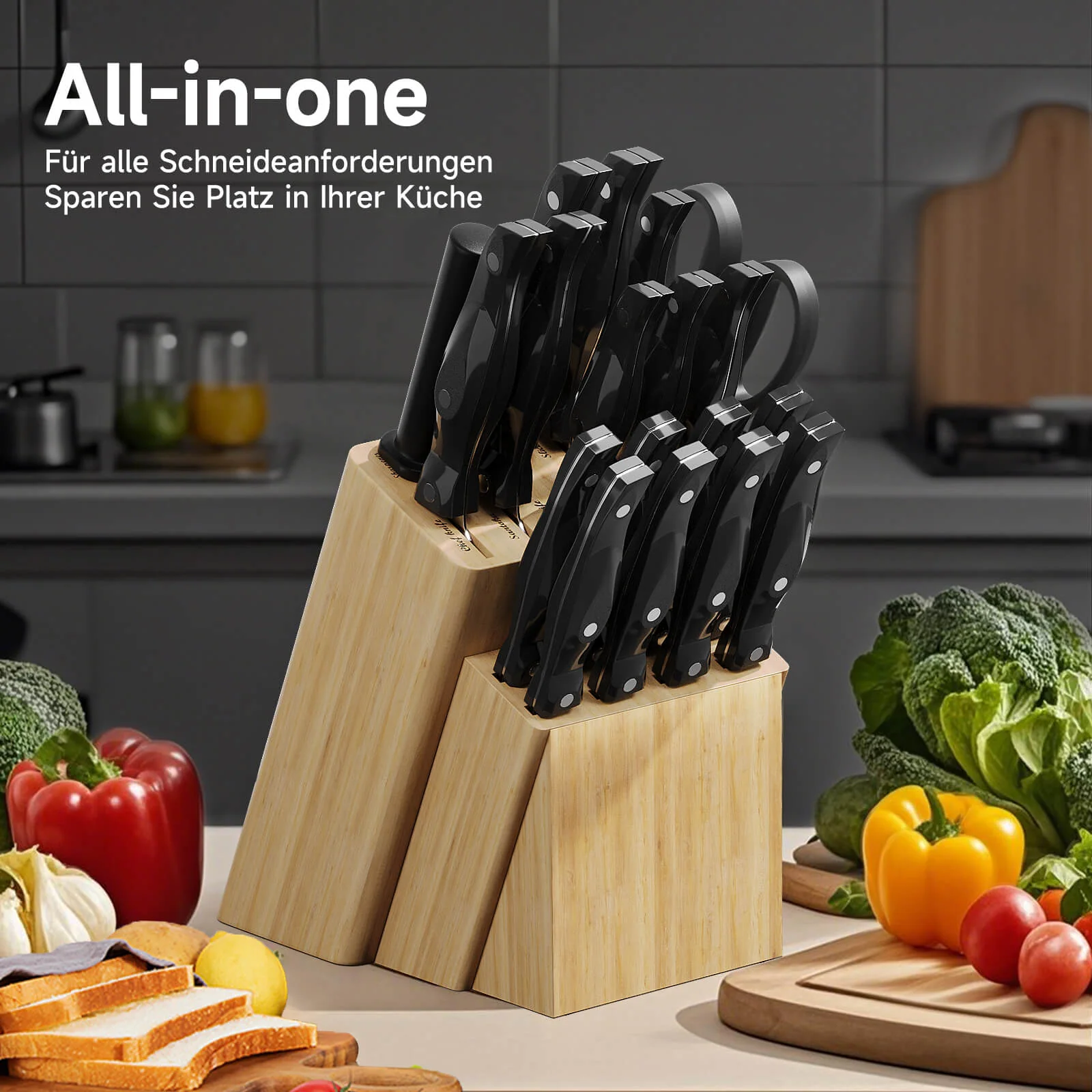 19-teiliges Profi Messerset mit Holzblock – Superscharf, ergonomisch, rostfrei – Küchenmesser, Schärfer, Schere, All-in-One Set - Image 4