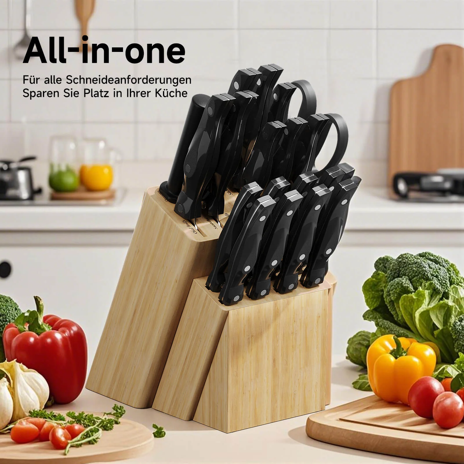 19-teiliges Profi Messerset mit Holzblock – Superscharf, ergonomisch, rostfrei – Küchenmesser, Schärfer, Schere, All-in-One Set - Image 5