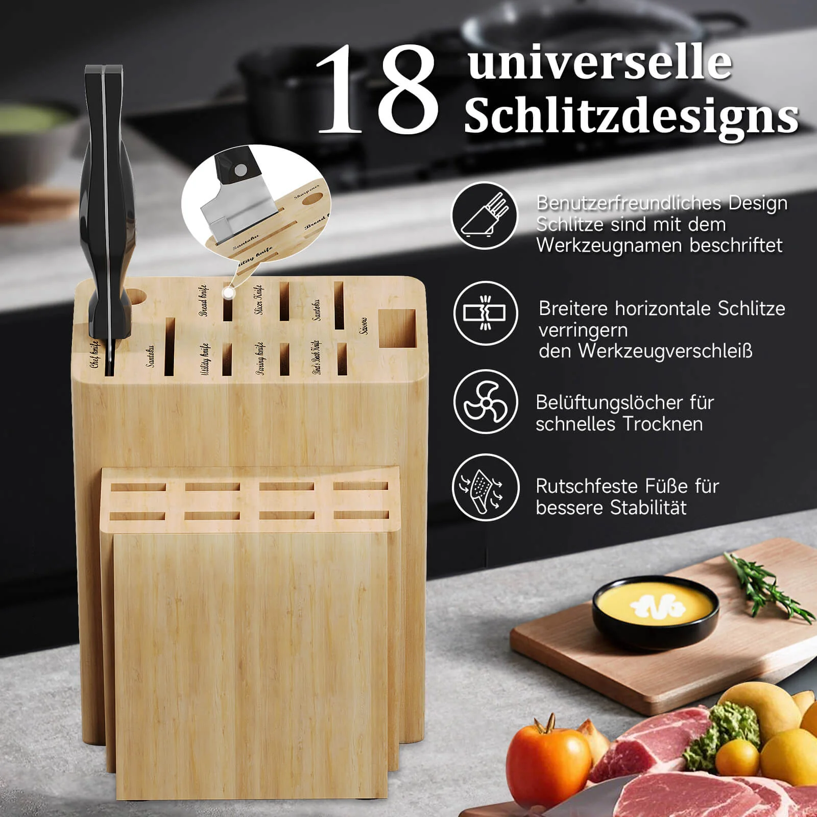 19-teiliges Profi Messerset mit Holzblock – Superscharf, ergonomisch, rostfrei – Küchenmesser, Schärfer, Schere, All-in-One Set - Image 7