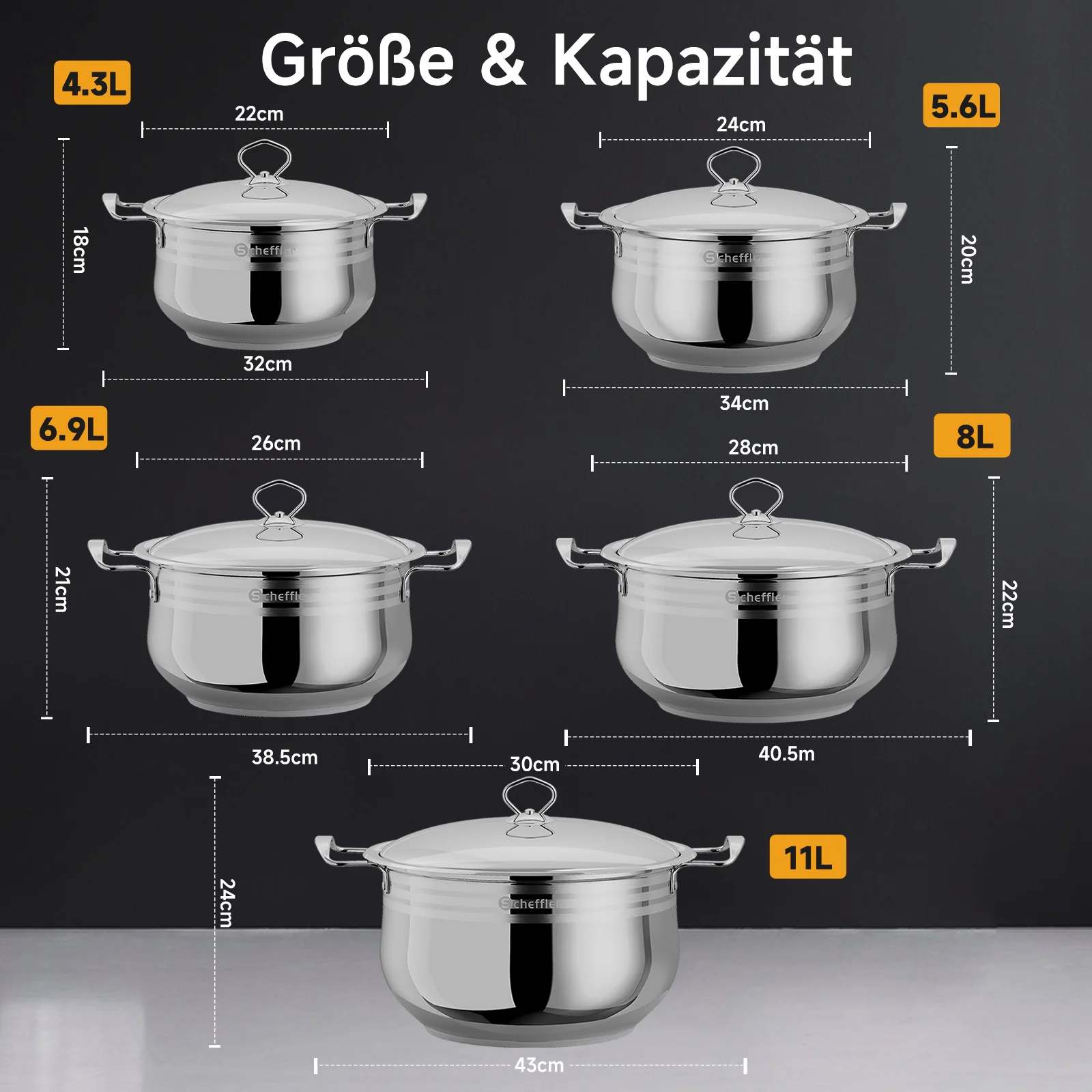 22/24/26/28/30 cm Topfset Scheffler Edelstahl Topfset 10-teilig, Kochgeschirr mit Deckeln - Image 2