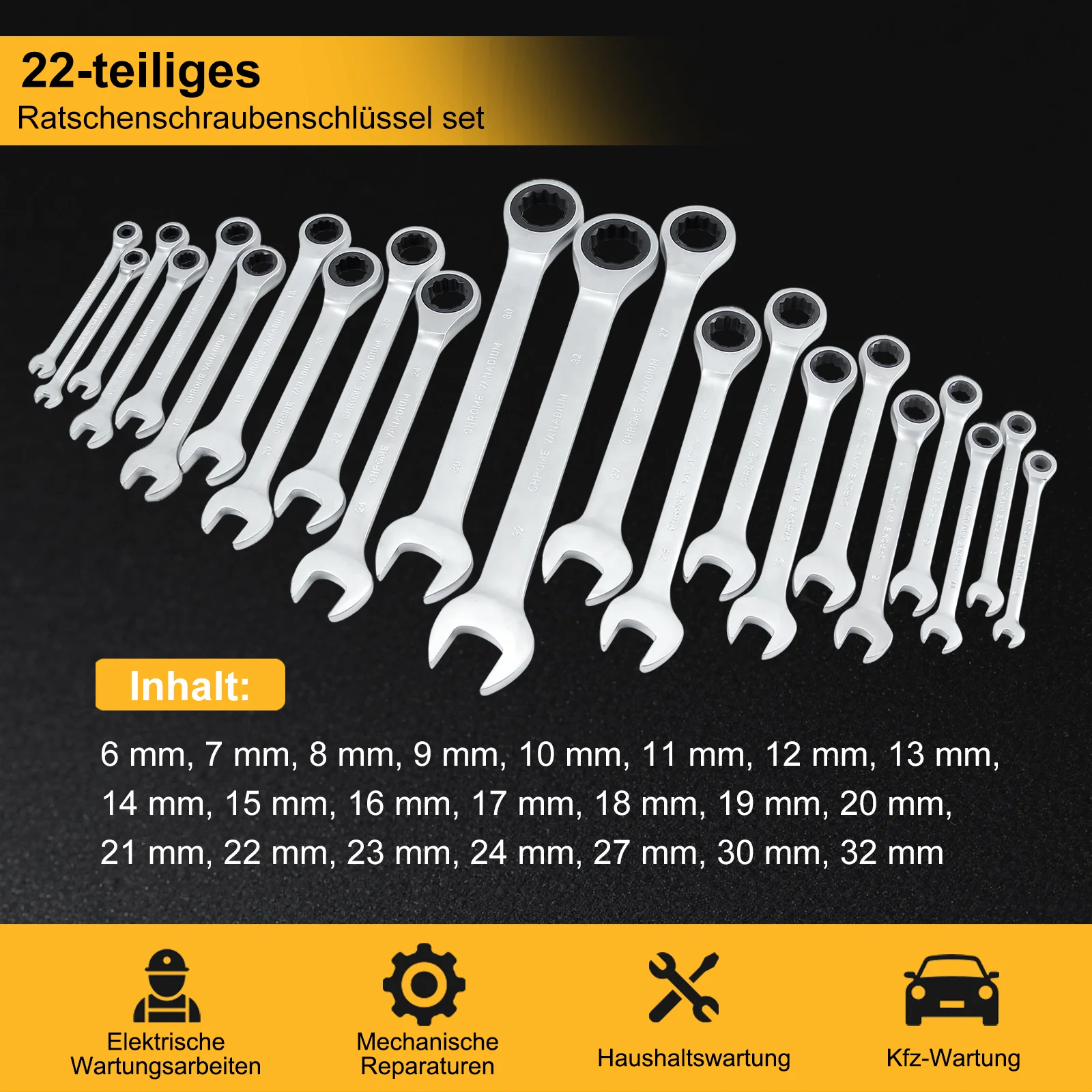 22-teiliges Profi Ringmaul-Ratschenschlüssel-Set aus Chrom-Vanadium-Stahl mit 72-Zahn-Ratsche, metrisch, im stabilen Koffer - Image 3