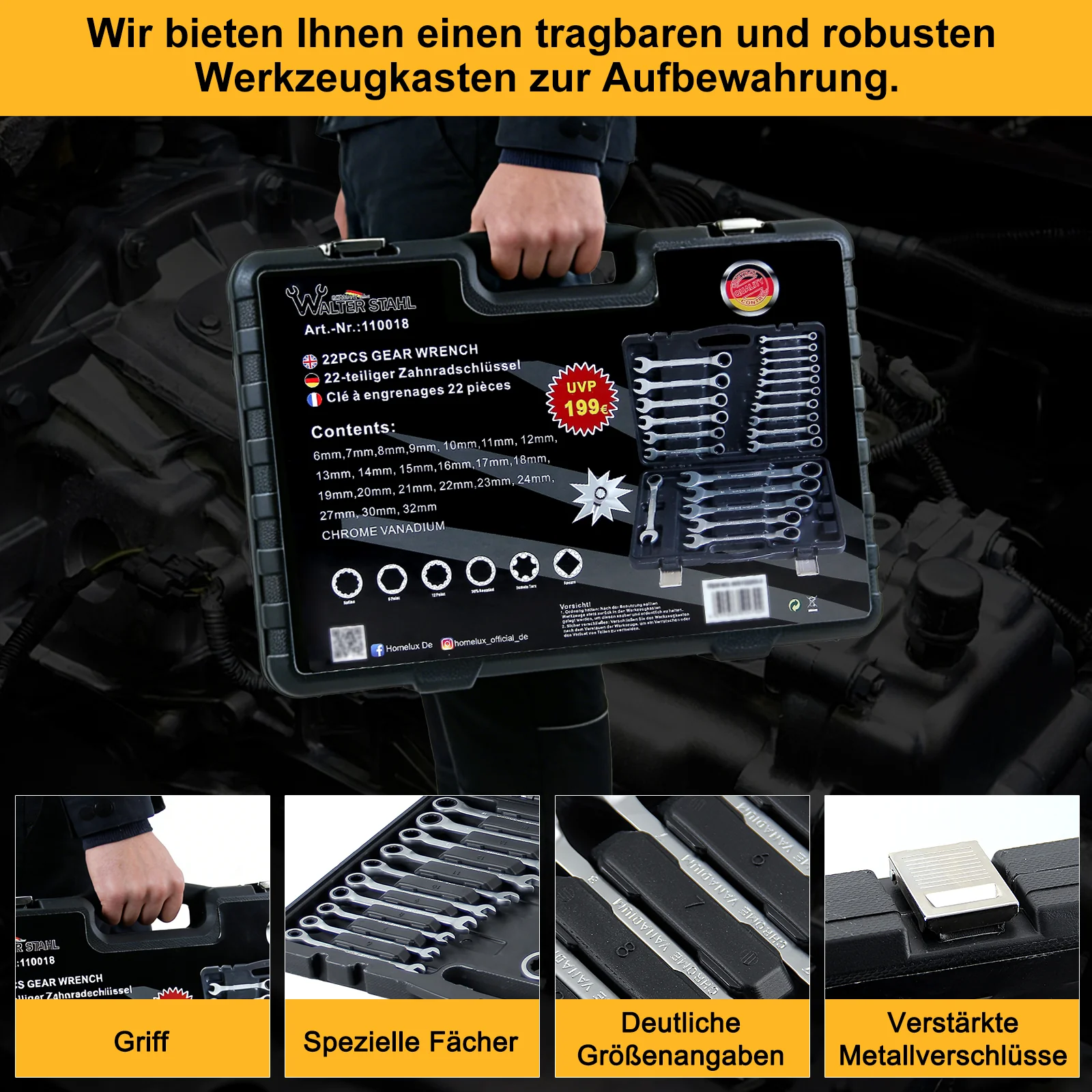 22-teiliges Profi Ringmaul-Ratschenschlüssel-Set aus Chrom-Vanadium-Stahl mit 72-Zahn-Ratsche, metrisch, im stabilen Koffer - Image 7