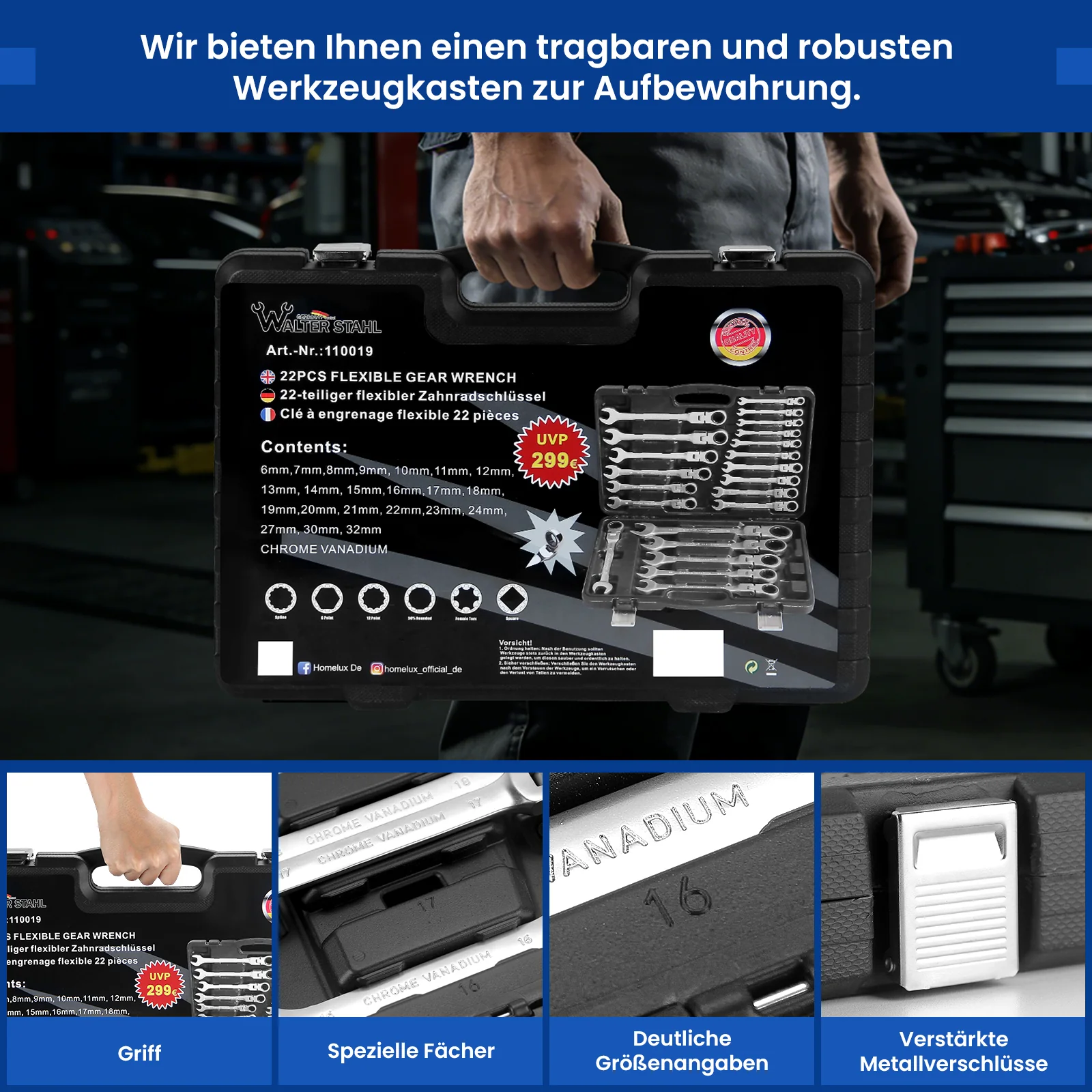 22 tlg. Gelenk Ratschenschlüssel Set 6-32mm Flexibel 72 Zähne Chrom Vanadium Knarrenschlüssel im Koffer - Image 4