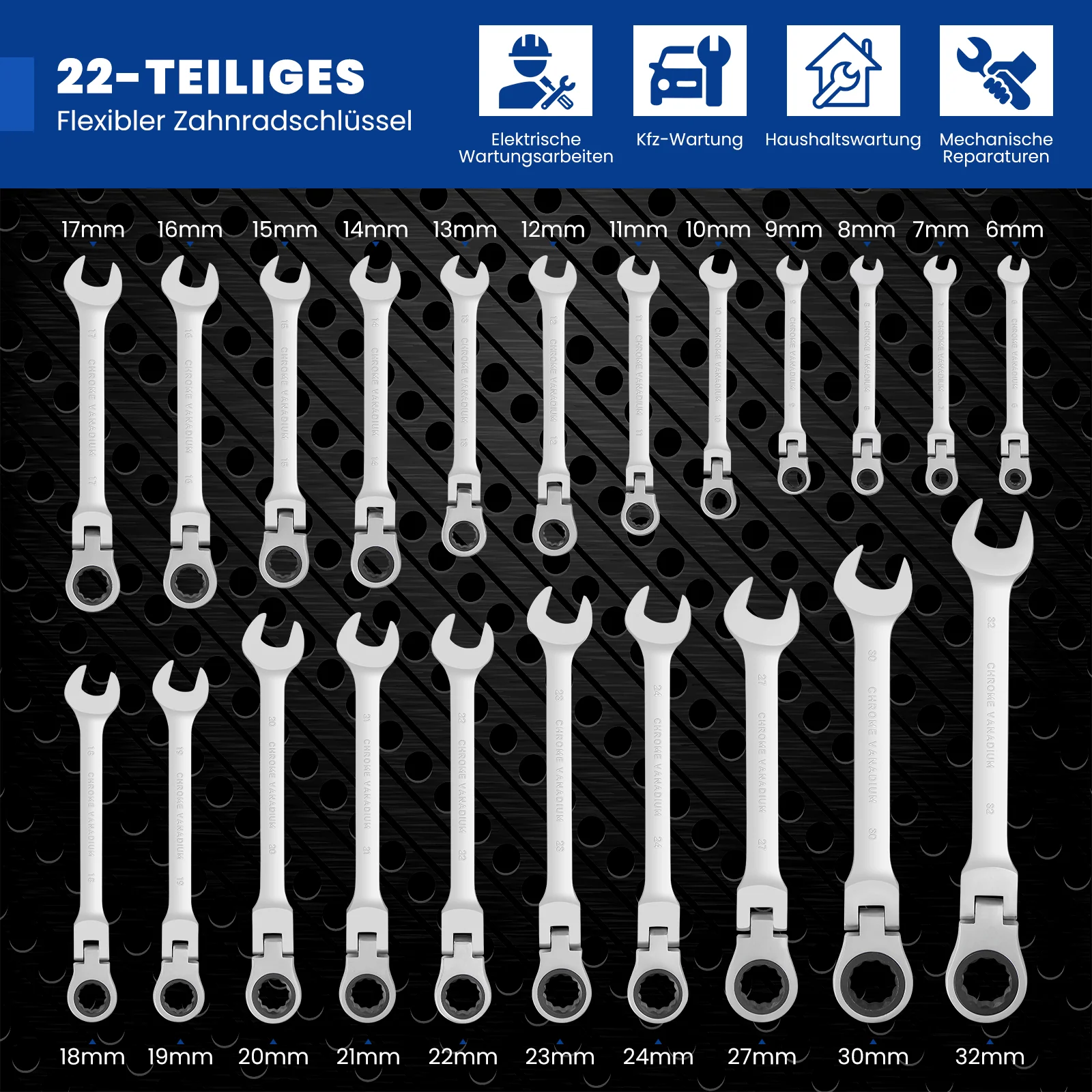 22 tlg. Gelenk Ratschenschlüssel Set 6-32mm Flexibel 72 Zähne Chrom Vanadium Knarrenschlüssel im Koffer - Image 6