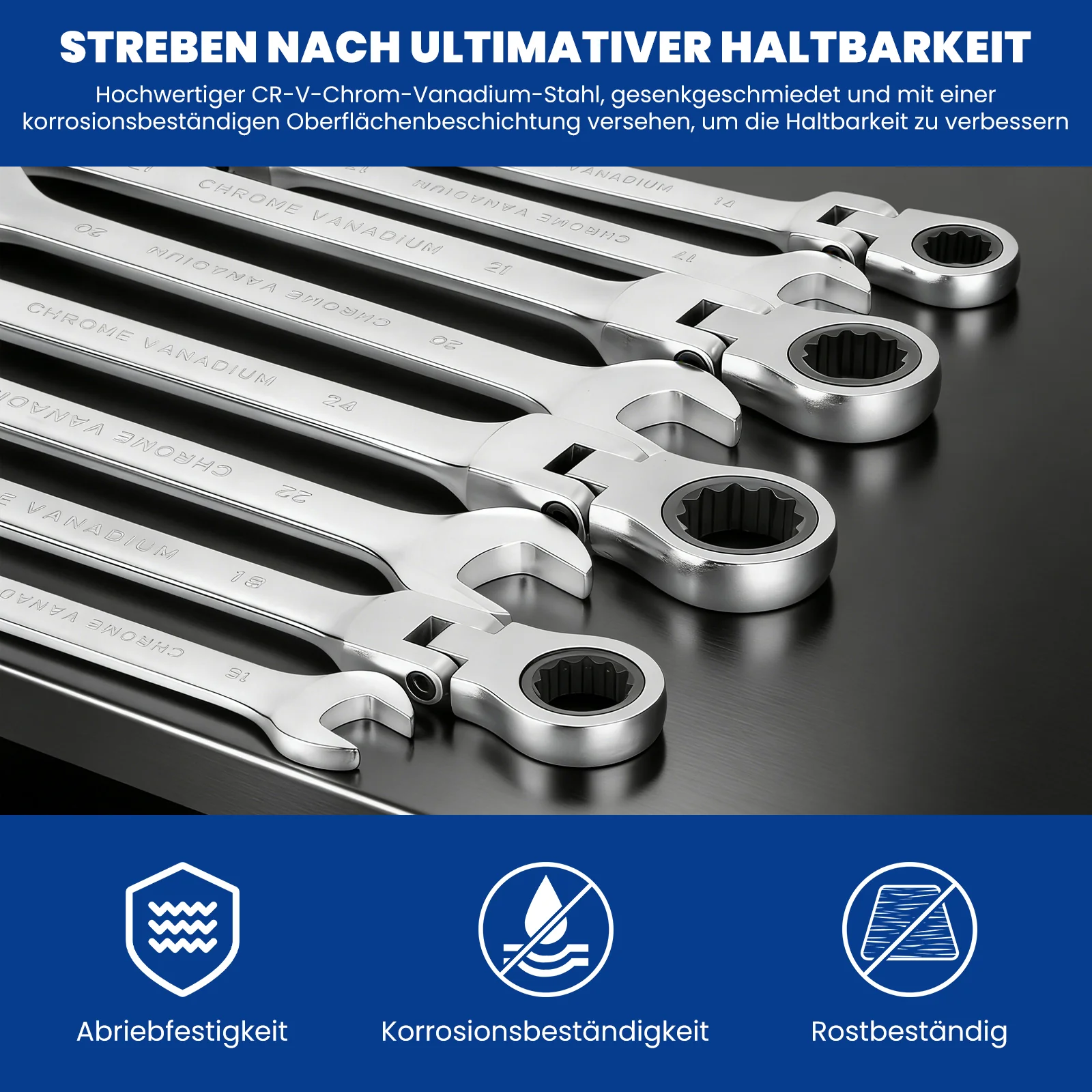 22 tlg. Gelenk Ratschenschlüssel Set 6-32mm Flexibel 72 Zähne Chrom Vanadium Knarrenschlüssel im Koffer - Image 7
