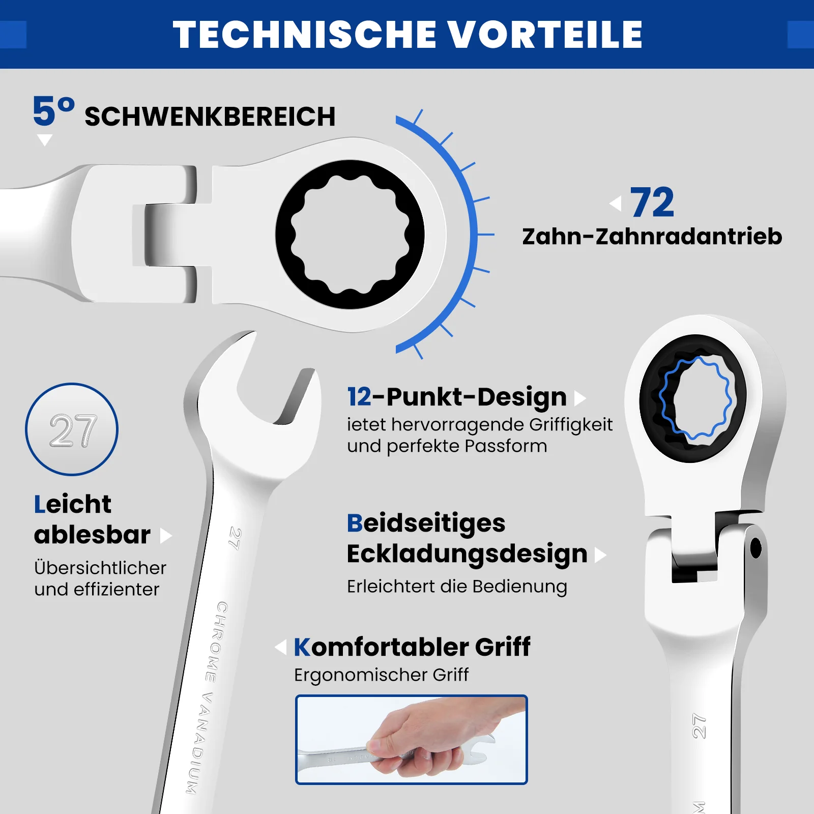 22 tlg. Gelenk Ratschenschlüssel Set 6-32mm Flexibel 72 Zähne Chrom Vanadium Knarrenschlüssel im Koffer - Image 8