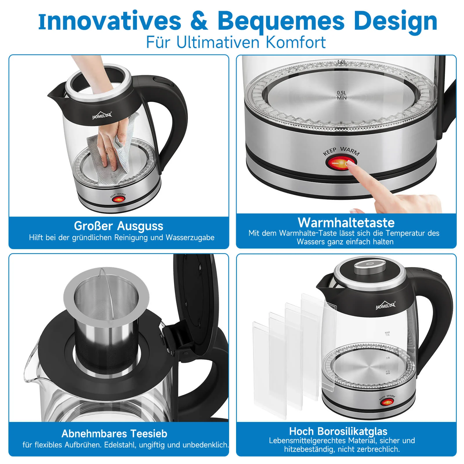 2200 Watt Teekocher 1,8L Wasserkocher Glas 0,8L Teekanne mit Sieb Teemaschine - Image 3