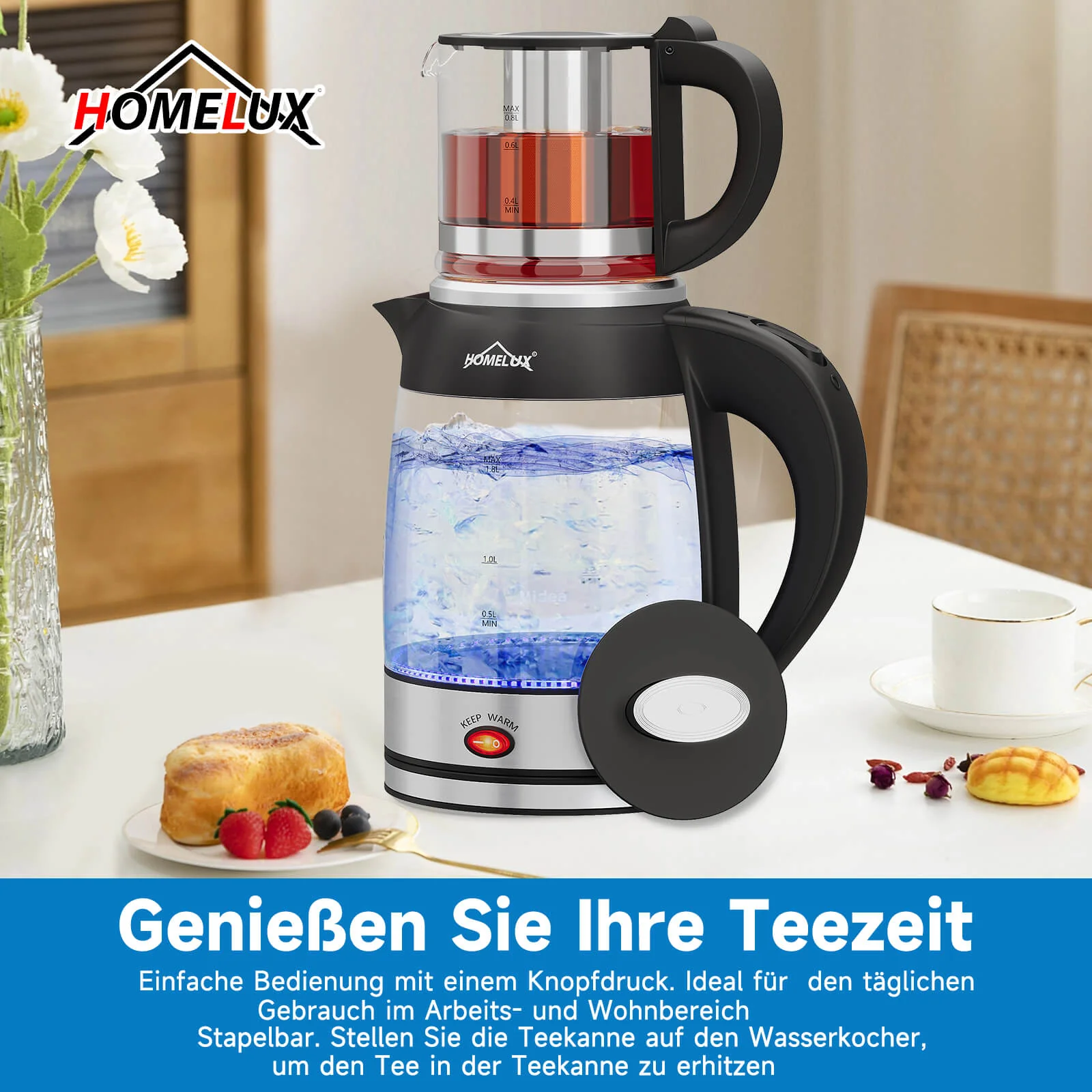 2200 Watt Teekocher 1,8L Wasserkocher Glas 0,8L Teekanne mit Sieb Teemaschine - Image 6