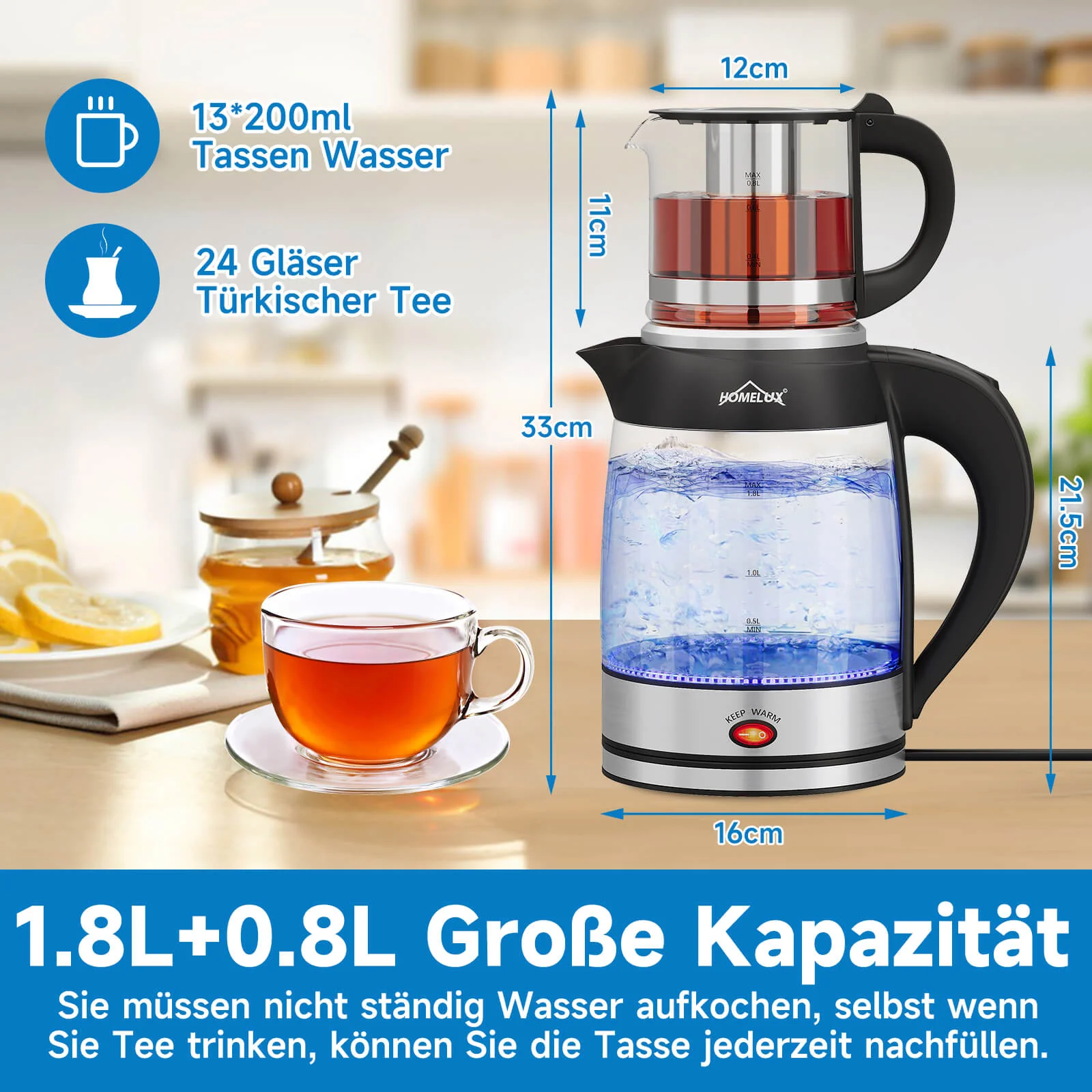 2200 Watt Teekocher 1,8L Wasserkocher Glas 0,8L Teekanne mit Sieb Teemaschine - Image 7