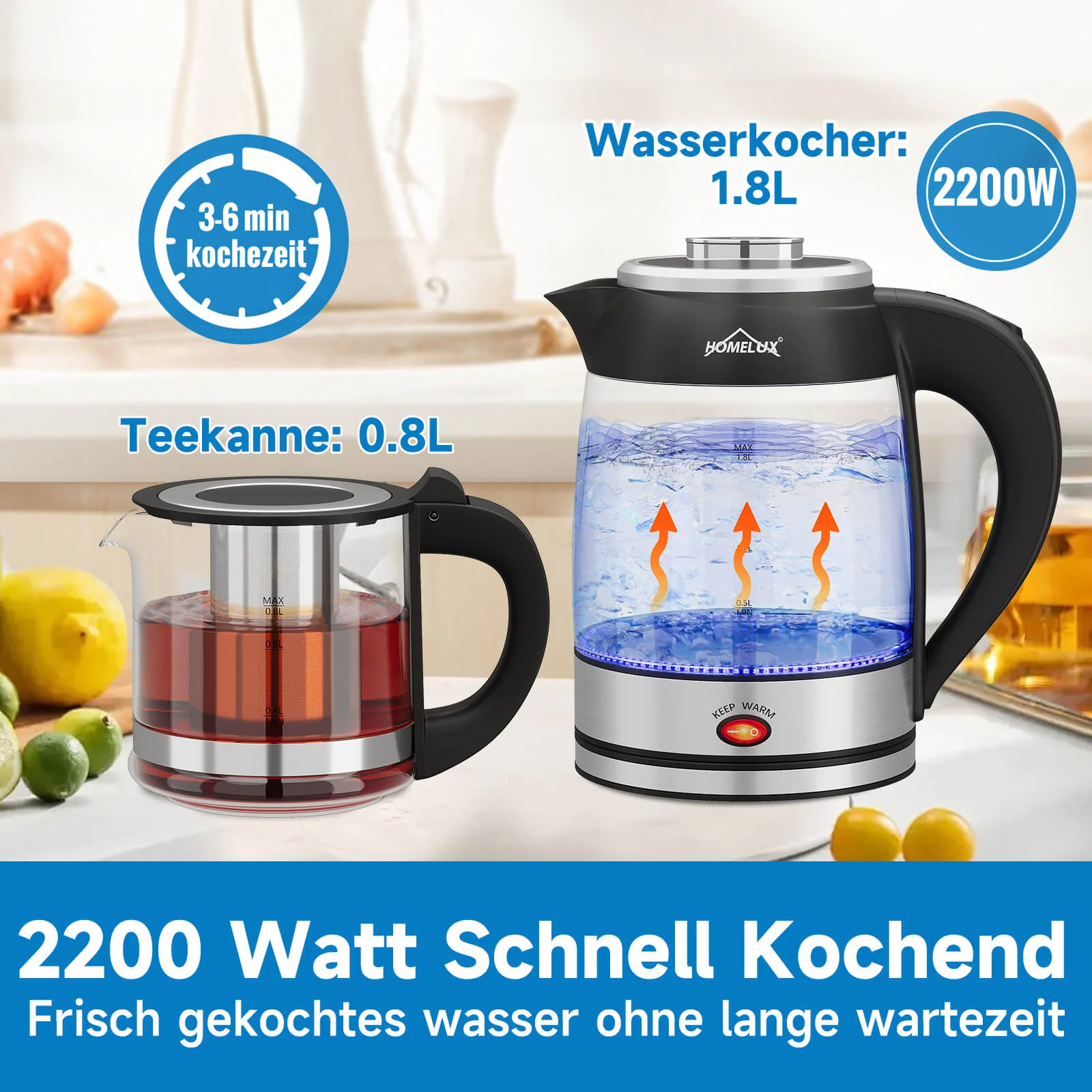 2200 Watt Teekocher 1,8L Wasserkocher Glas 0,8L Teekanne mit Sieb Teemaschine - Image 8