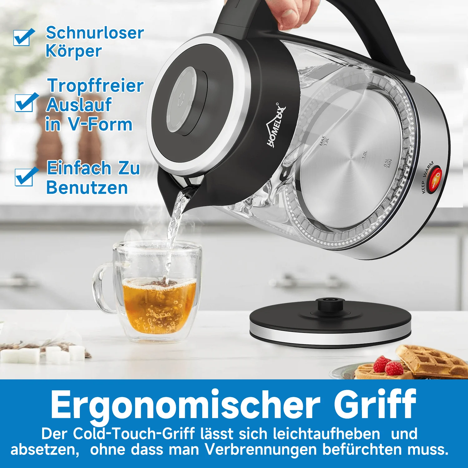 2200 Watt Teekocher 1,8L Wasserkocher Glas 0,8L Teekanne mit Sieb Teemaschine - Image 9