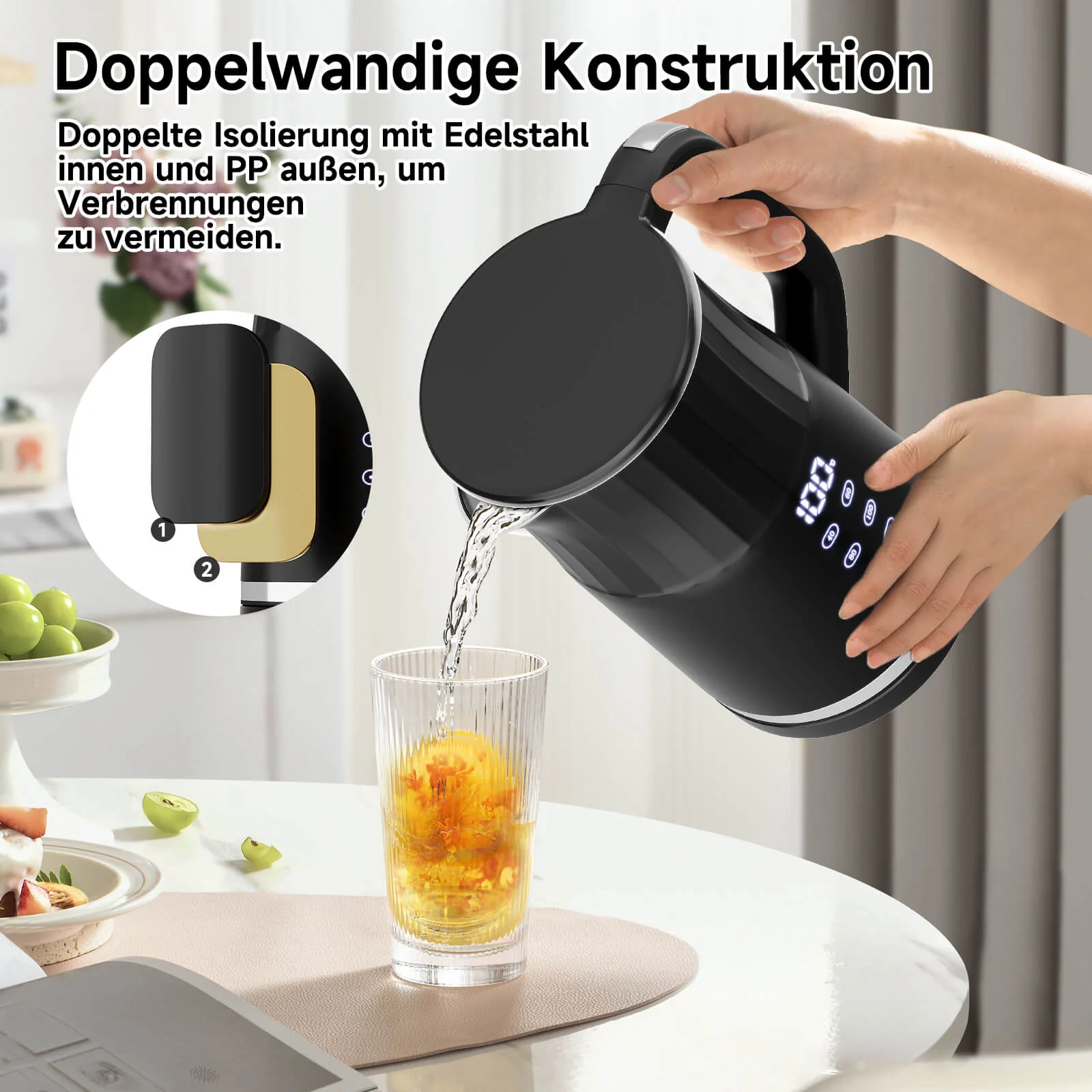 2200W Elektrischer Wasserkocher mit Temperaturwahl 40-100°C Edelstahl Doppelwand - Image 5