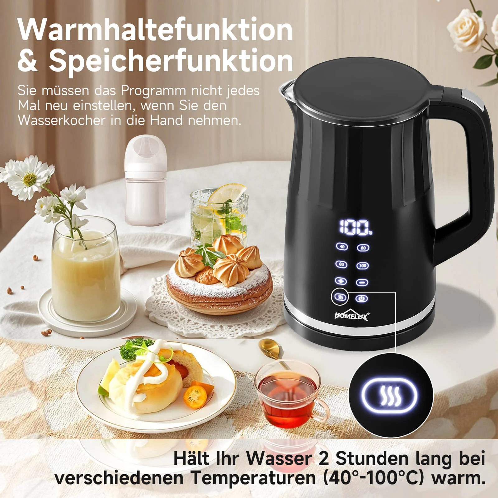 2200W Elektrischer Wasserkocher mit Temperaturwahl 40-100°C Edelstahl Doppelwand - Image 6