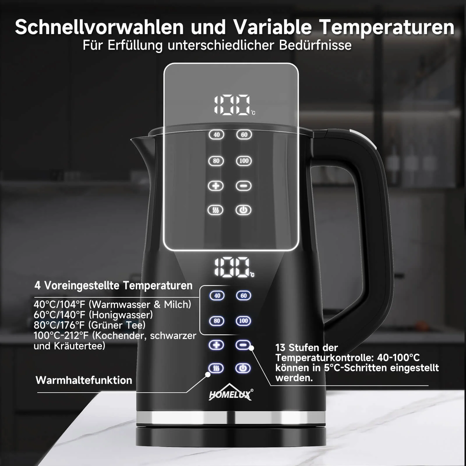2200W Elektrischer Wasserkocher mit Temperaturwahl 40-100°C Edelstahl Doppelwand - Image 7
