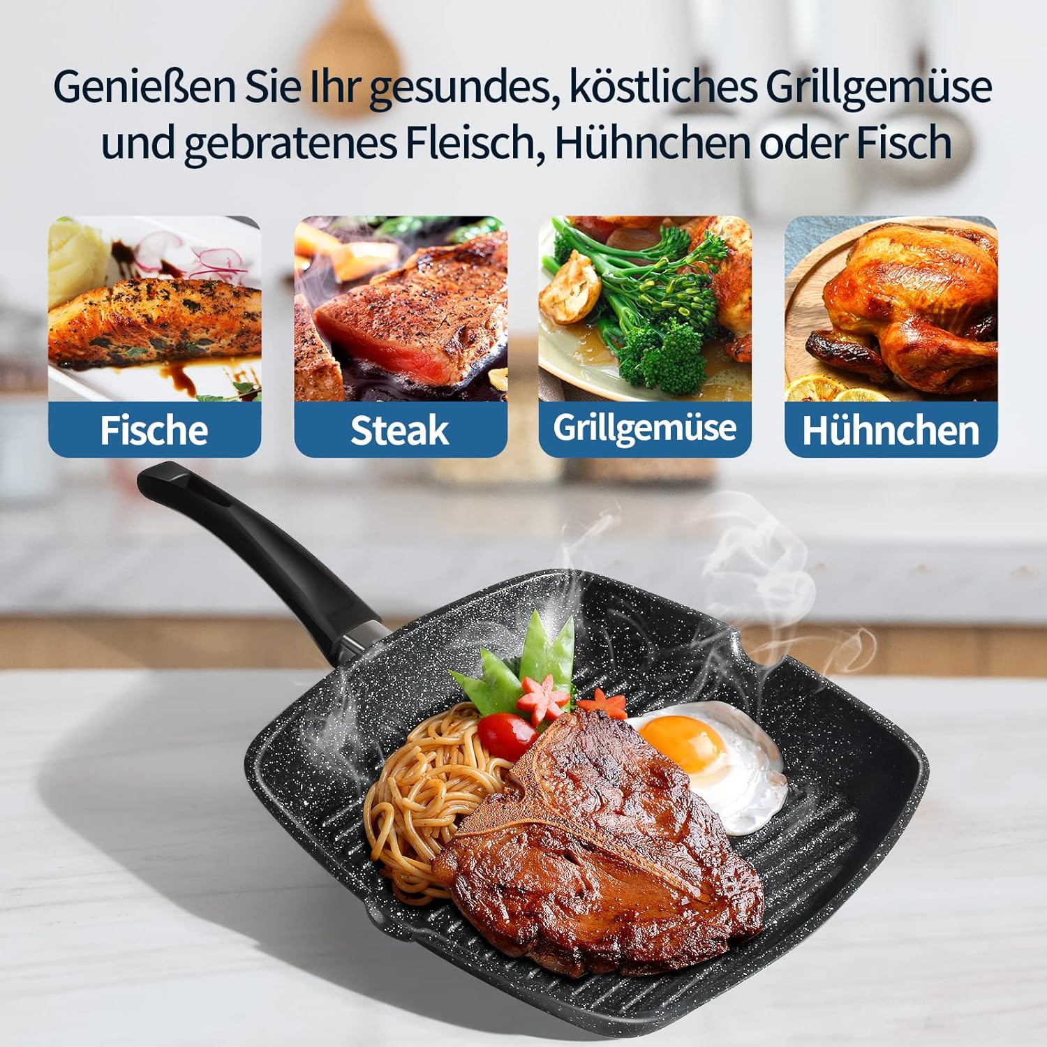28x28 cm Grillpfanne mit Ausguss, 100% PFOA-frei. Antihaftbeschichtete Steakpfanne aus Aluminiumguss für Gas, Induktion & Elektroherd - Image 4