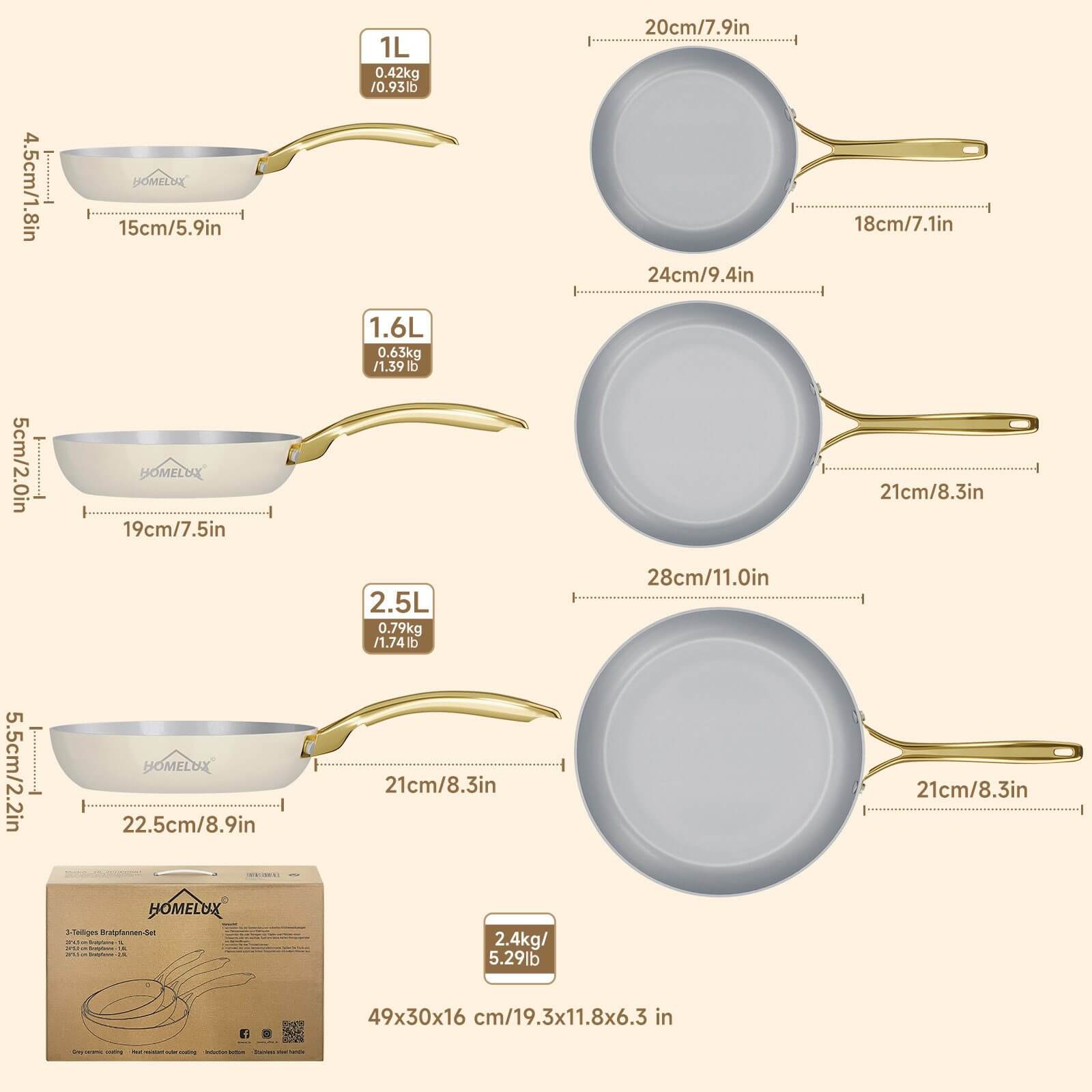 3-tlg Antihaft Aluguss Bratpfannen Set Keramik Pfannenset Induktion 20/24/28cm - Image 3