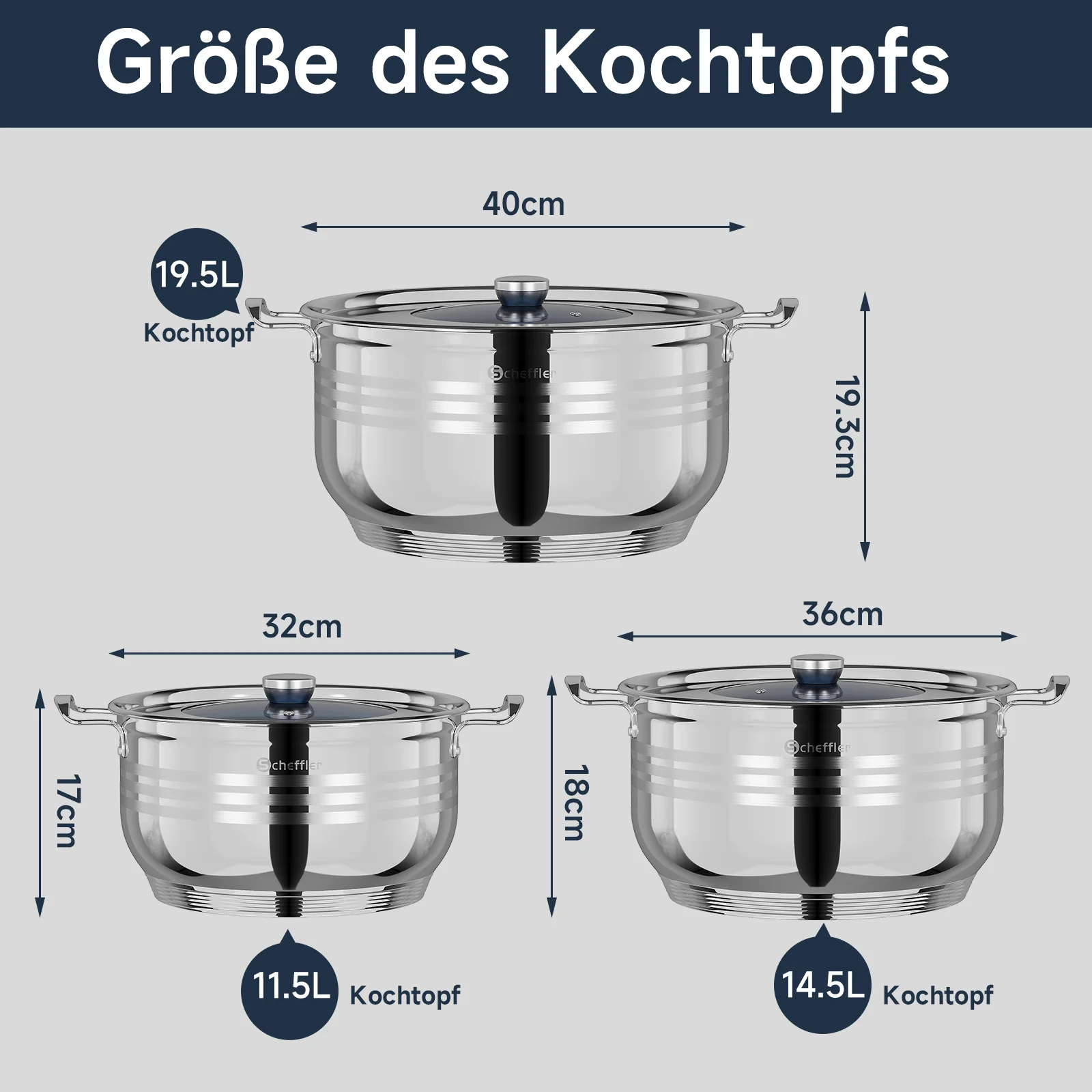 32/36/40 cm Topfset Scheffler Edelstahl Topfset 6-teilig, Kochgeschirr mit Deckel, induktionsgeeignet und passend für alle Herdarten - Image 4