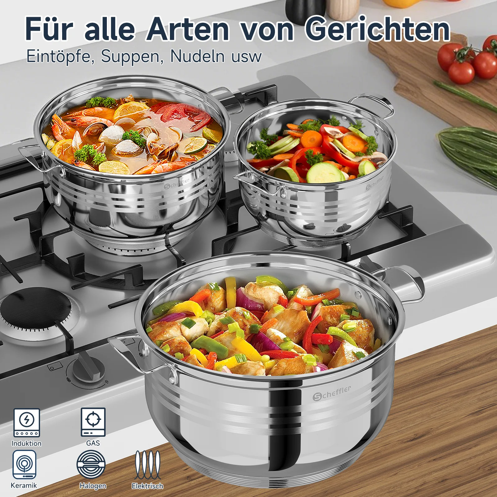 32/36/40 cm Topfset Scheffler Edelstahl Topfset 6-teilig, Kochgeschirr mit Deckel, induktionsgeeignet und passend für alle Herdarten - Image 7