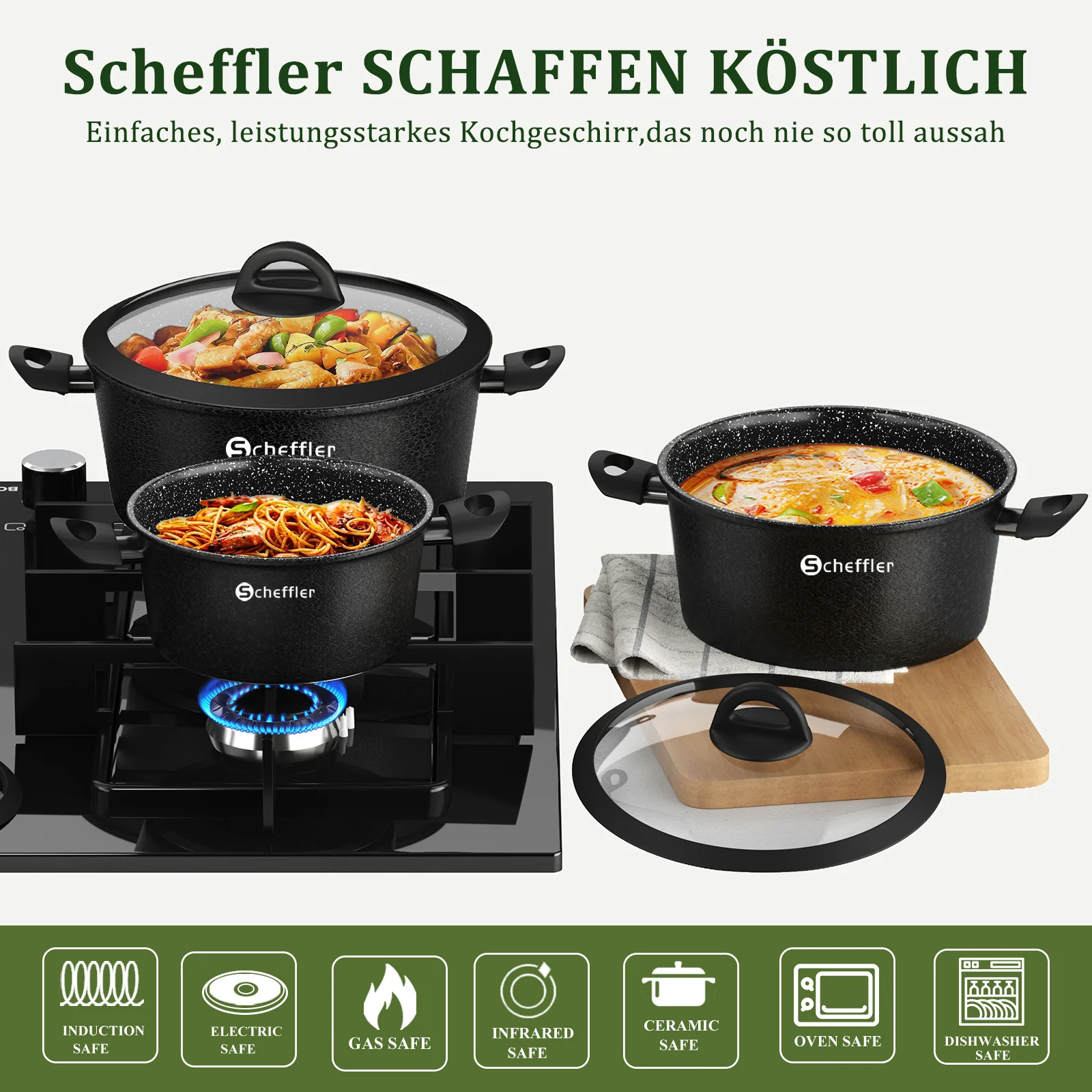 Scheffler Topfset, Induktions Töpfe Set 6-teilig, Antihaft-beschichtete Topfe, Kochtopf Set mit Glasdeckel, Spülmaschinenfest - Image 10
