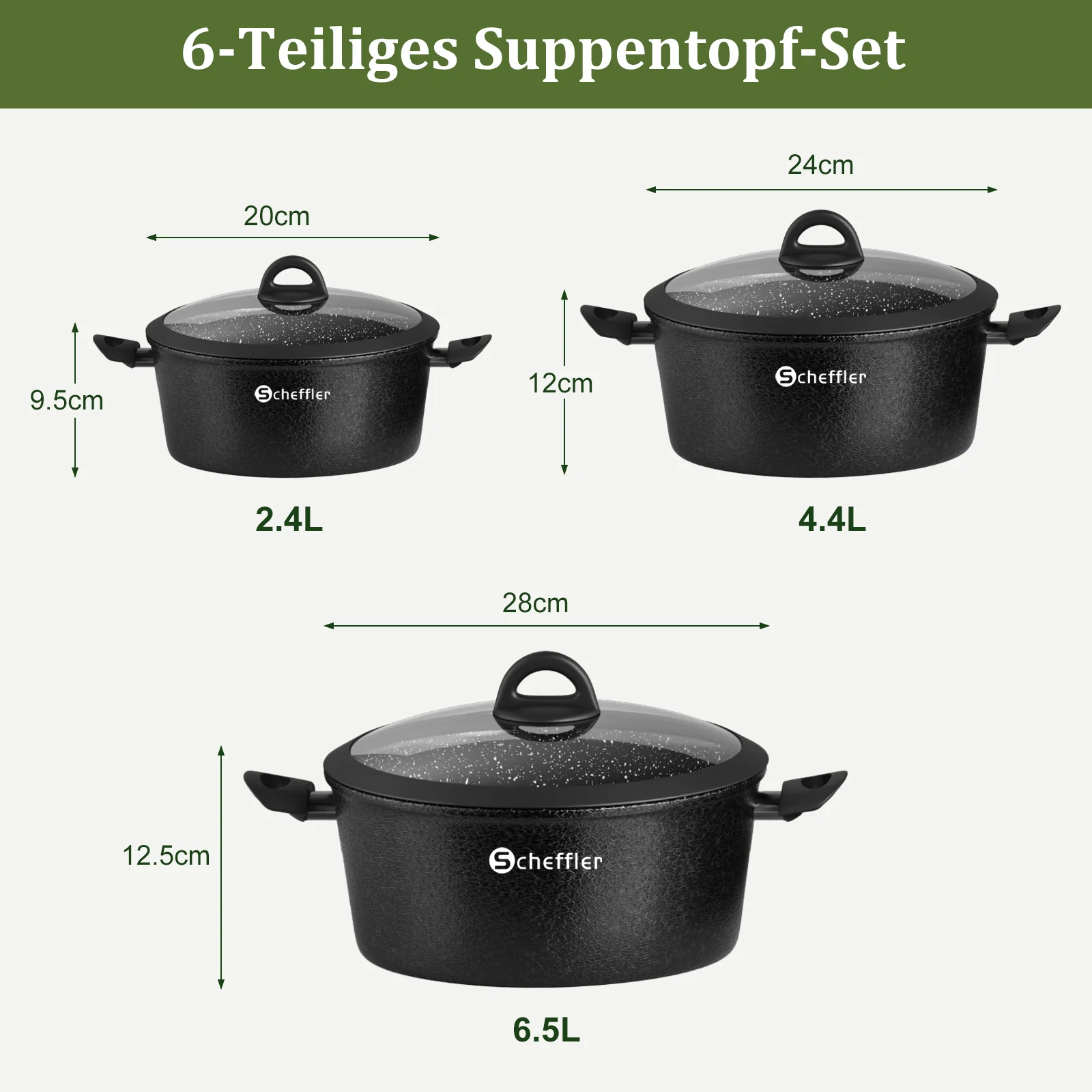Scheffler Topfset, Induktions Töpfe Set 6-teilig, Antihaft-beschichtete Topfe, Kochtopf Set mit Glasdeckel, Spülmaschinenfest - Image 4