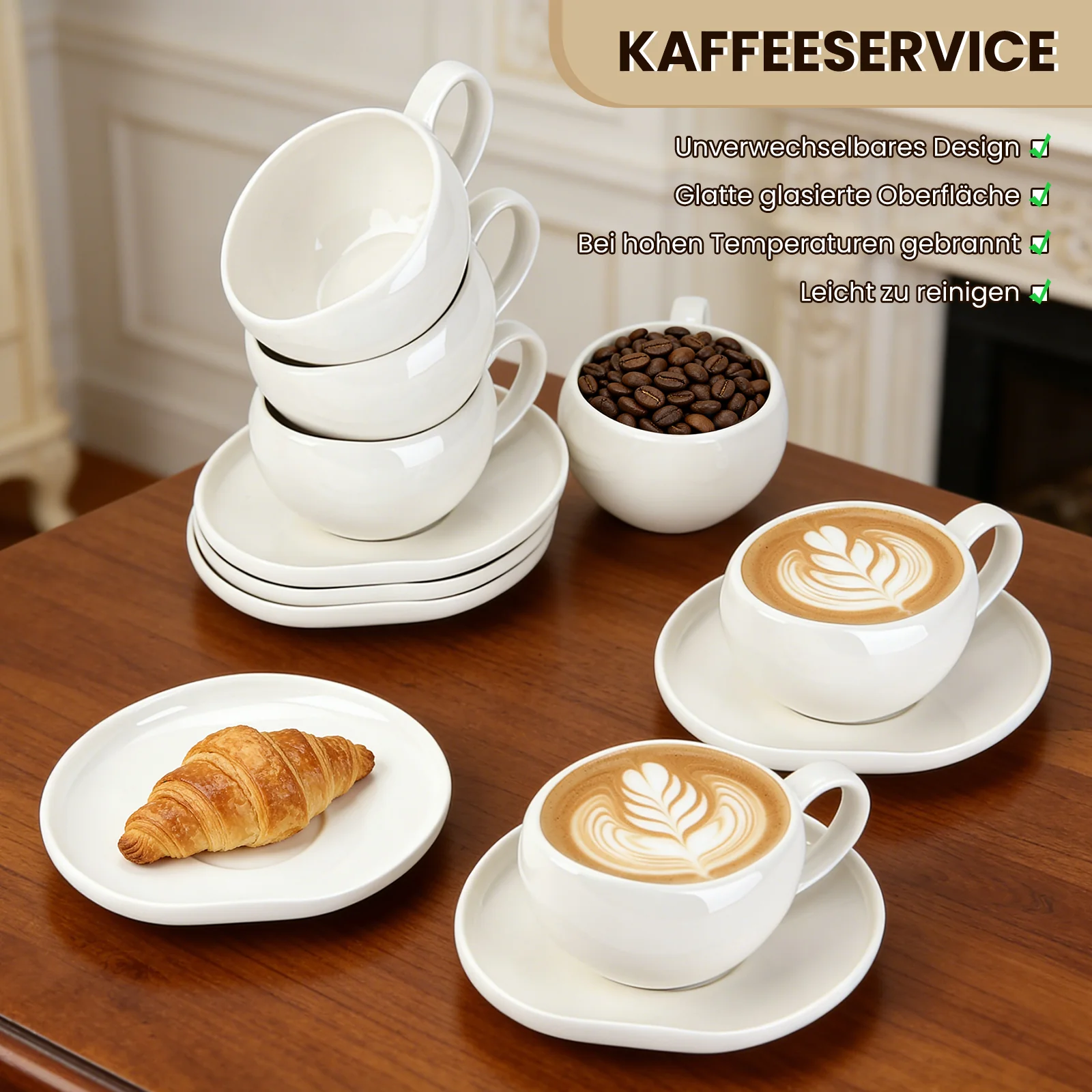 6-teiliges Keramik Cappuccinotassen Set mit Untertassen (200ml), gewelltes Design, Weiß/Creme, spülmaschinen- & mikrowellenfest - Image 10
