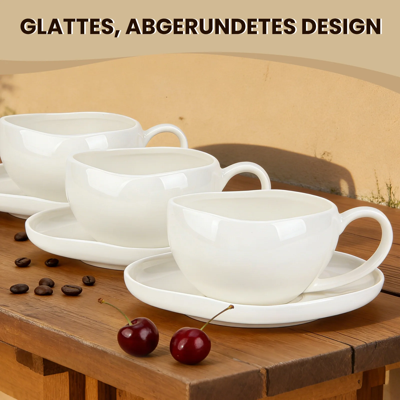 6-teiliges Keramik Cappuccinotassen Set mit Untertassen (200ml), gewelltes Design, Weiß/Creme, spülmaschinen- & mikrowellenfest - Image 11