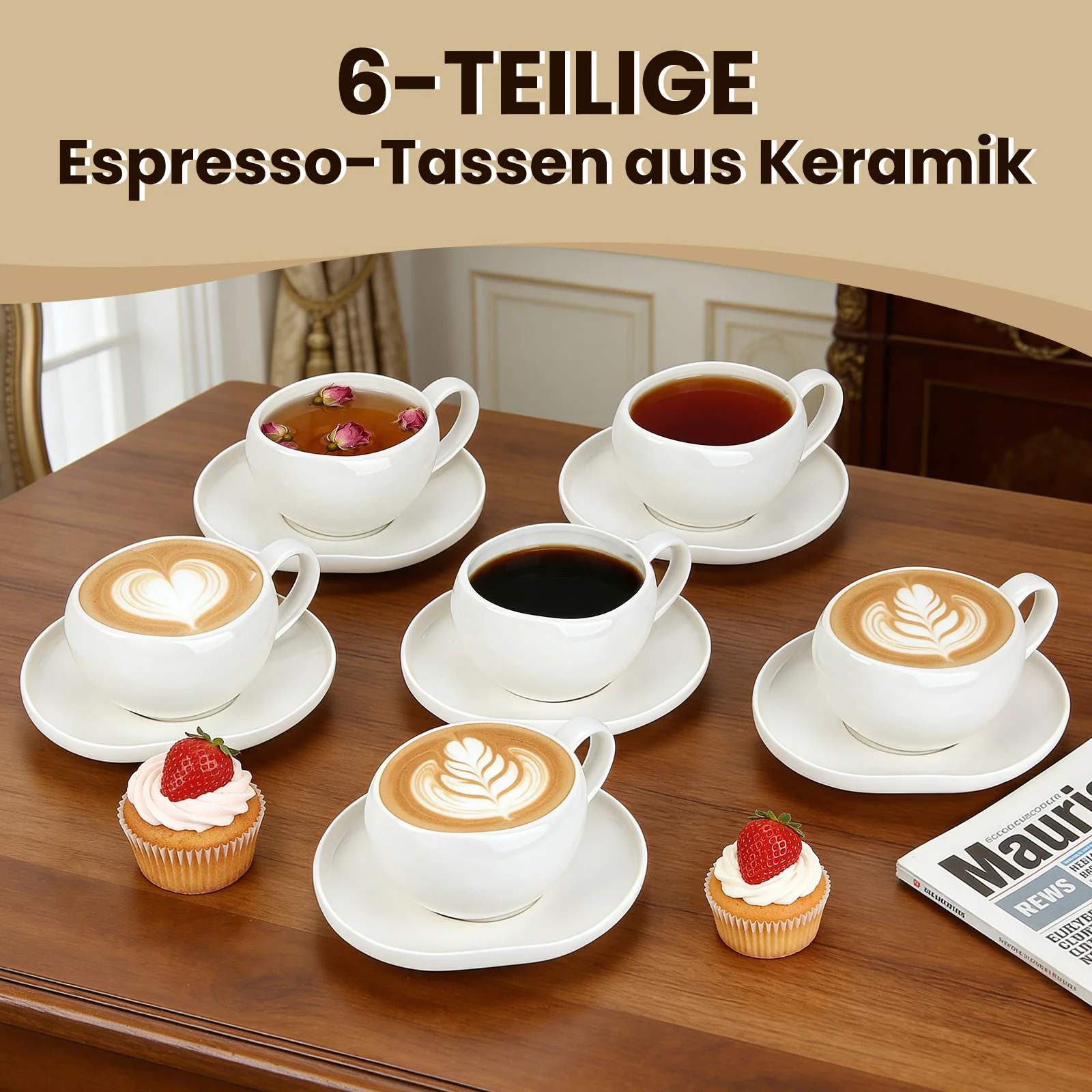 6-teiliges Keramik Cappuccinotassen Set mit Untertassen (200ml), gewelltes Design, Weiß/Creme, spülmaschinen- & mikrowellenfest - Image 12