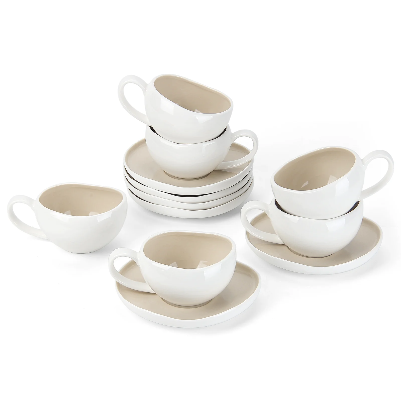 6-teiliges Keramik Cappuccinotassen Set mit Untertassen (200ml), gewelltes Design, Weiß/Creme, spülmaschinen- & mikrowellenfest - Image 2