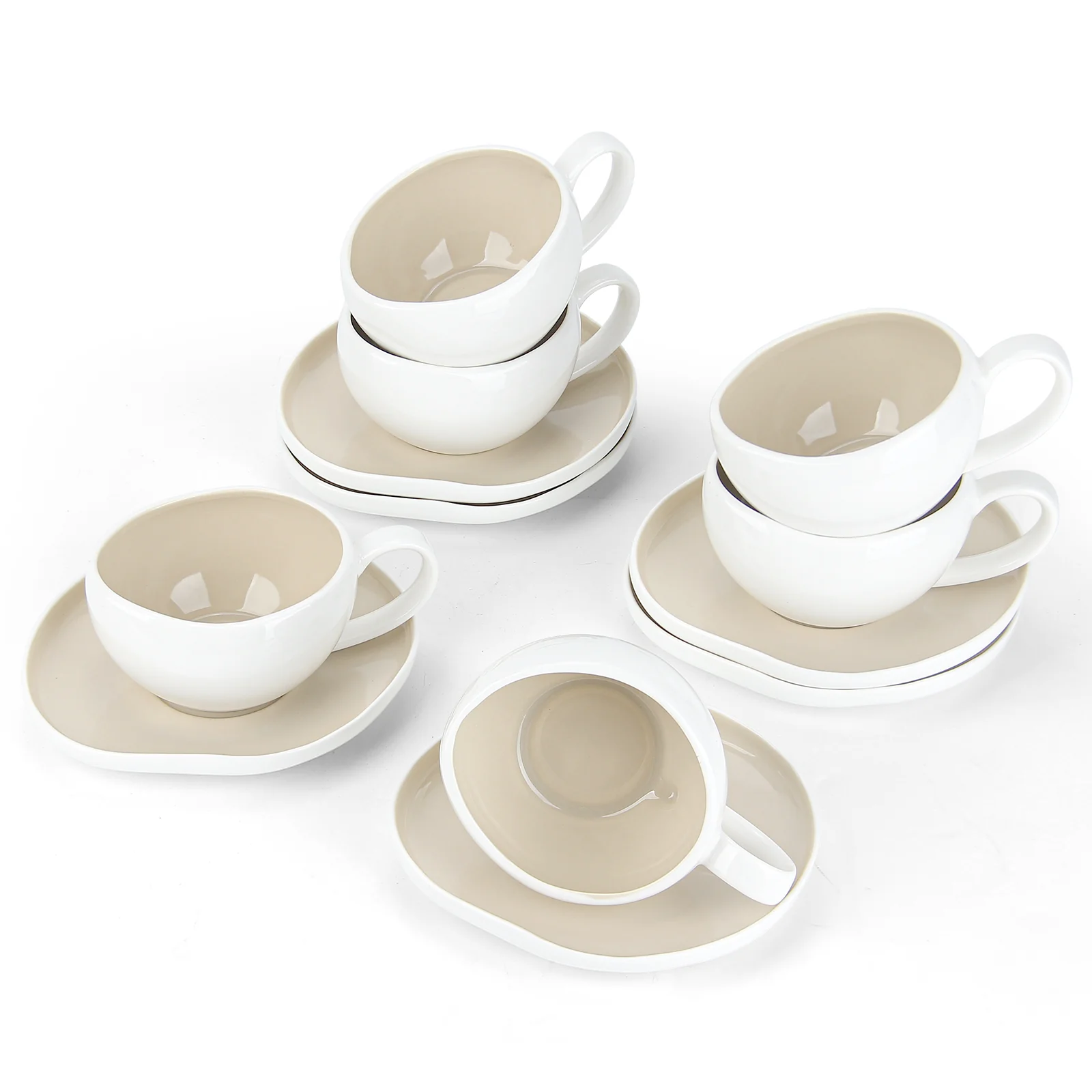 6-teiliges Keramik Cappuccinotassen Set mit Untertassen (200ml), gewelltes Design, Weiß/Creme, spülmaschinen- & mikrowellenfest - Image 3