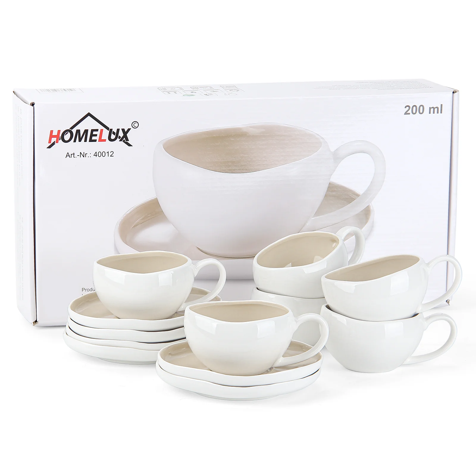 6-teiliges Keramik Cappuccinotassen Set mit Untertassen (200ml), gewelltes Design, Weiß/Creme, spülmaschinen- & mikrowellenfest - Image 4