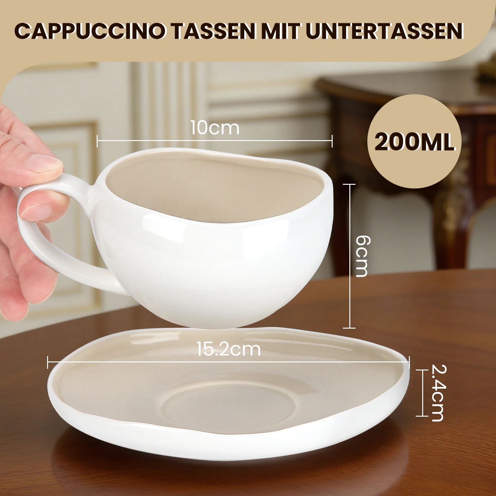 6-teiliges Keramik Cappuccinotassen Set mit Untertassen (200ml), gewelltes Design, Weiß/Creme, spülmaschinen- & mikrowellenfest - Image 5