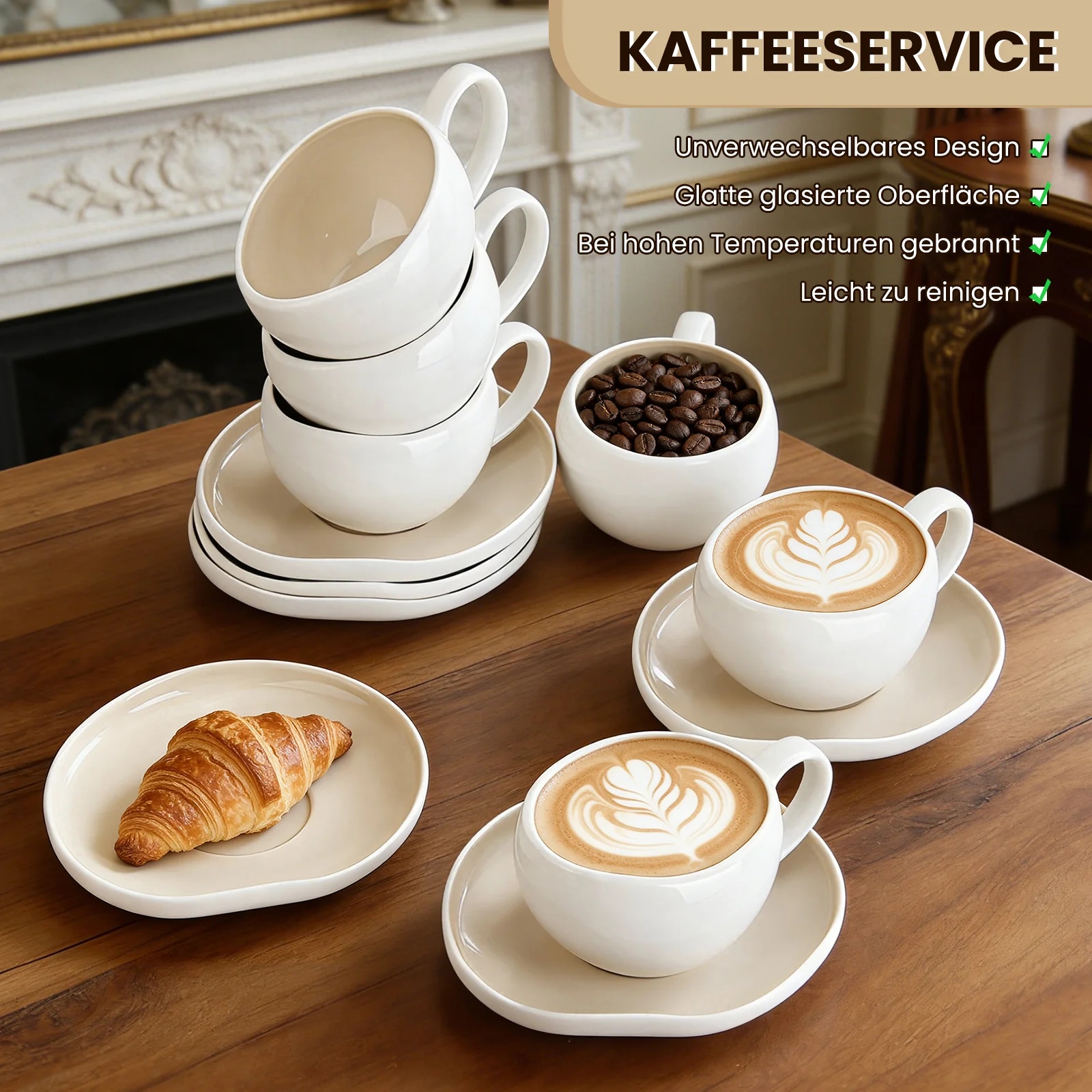 6-teiliges Keramik Cappuccinotassen Set mit Untertassen (200ml), gewelltes Design, Weiß/Creme, spülmaschinen- & mikrowellenfest - Image 7